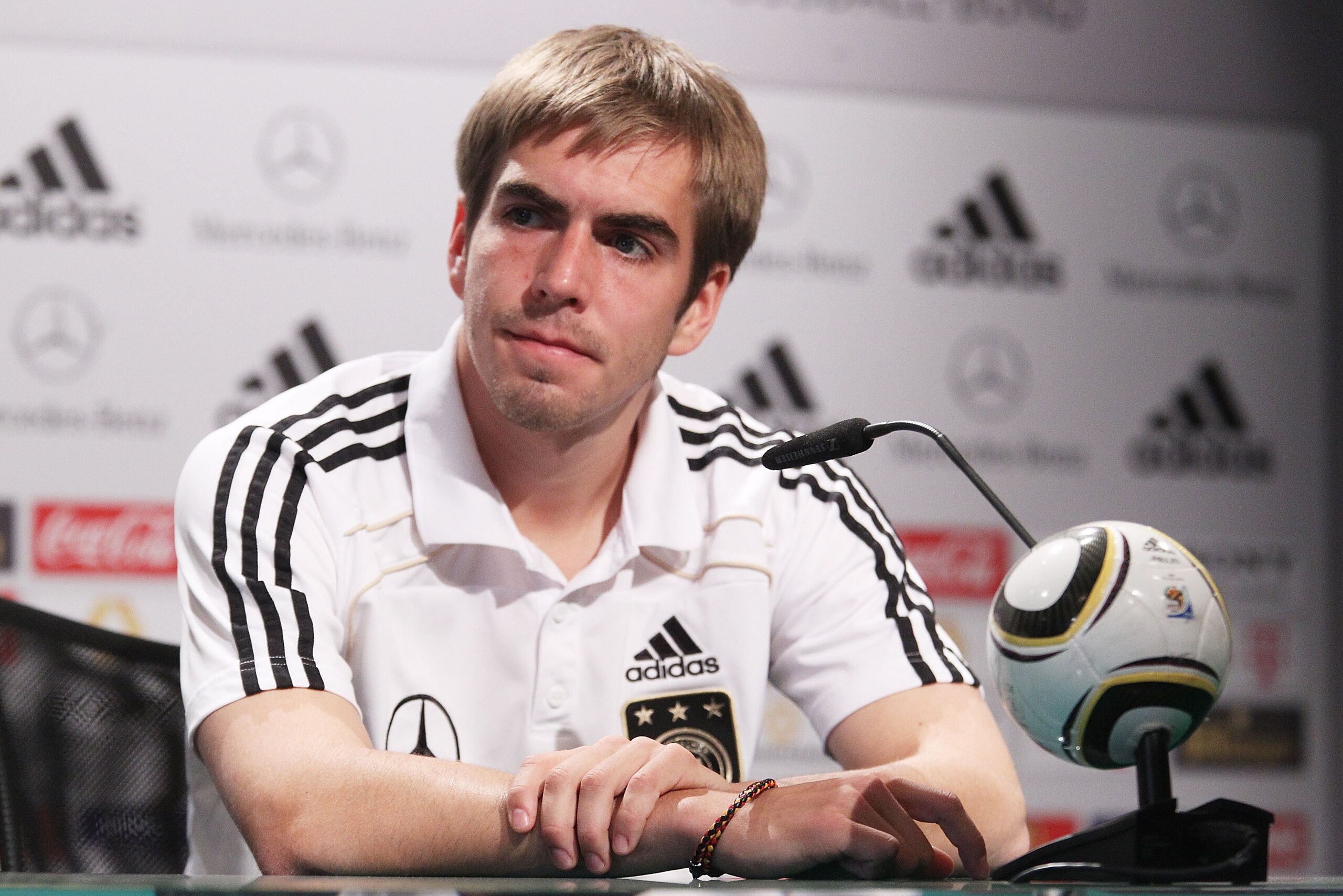 PRETORIA, SOUTH AFRICA - JULY 08:  Philipp Lahm of Germany speaks to the media during a press conference in the media center at the Velmore Grand Hotel on July 8, 2010 in Pretoria, South Africa.  (Photo by Joern Pollex/Getty Images)