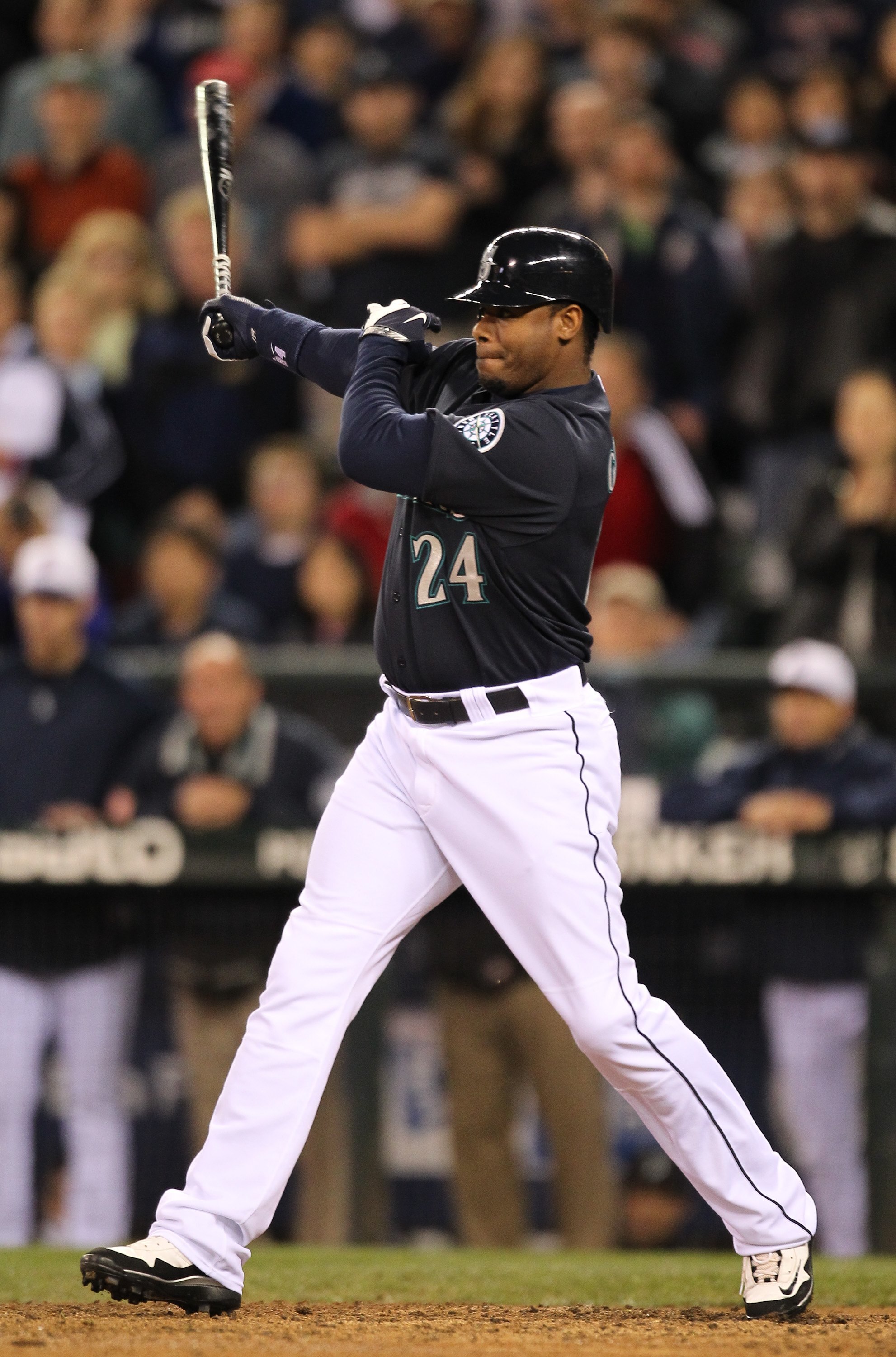 SEATTLE - MAY 31:  Ken Griffey Jr. #24 of the Seattle Mariners bats against the Minnesota Twins at Safeco Field on May 31, 2010 in Seattle, Washington. (Photo by Otto Greule Jr/Getty Images)