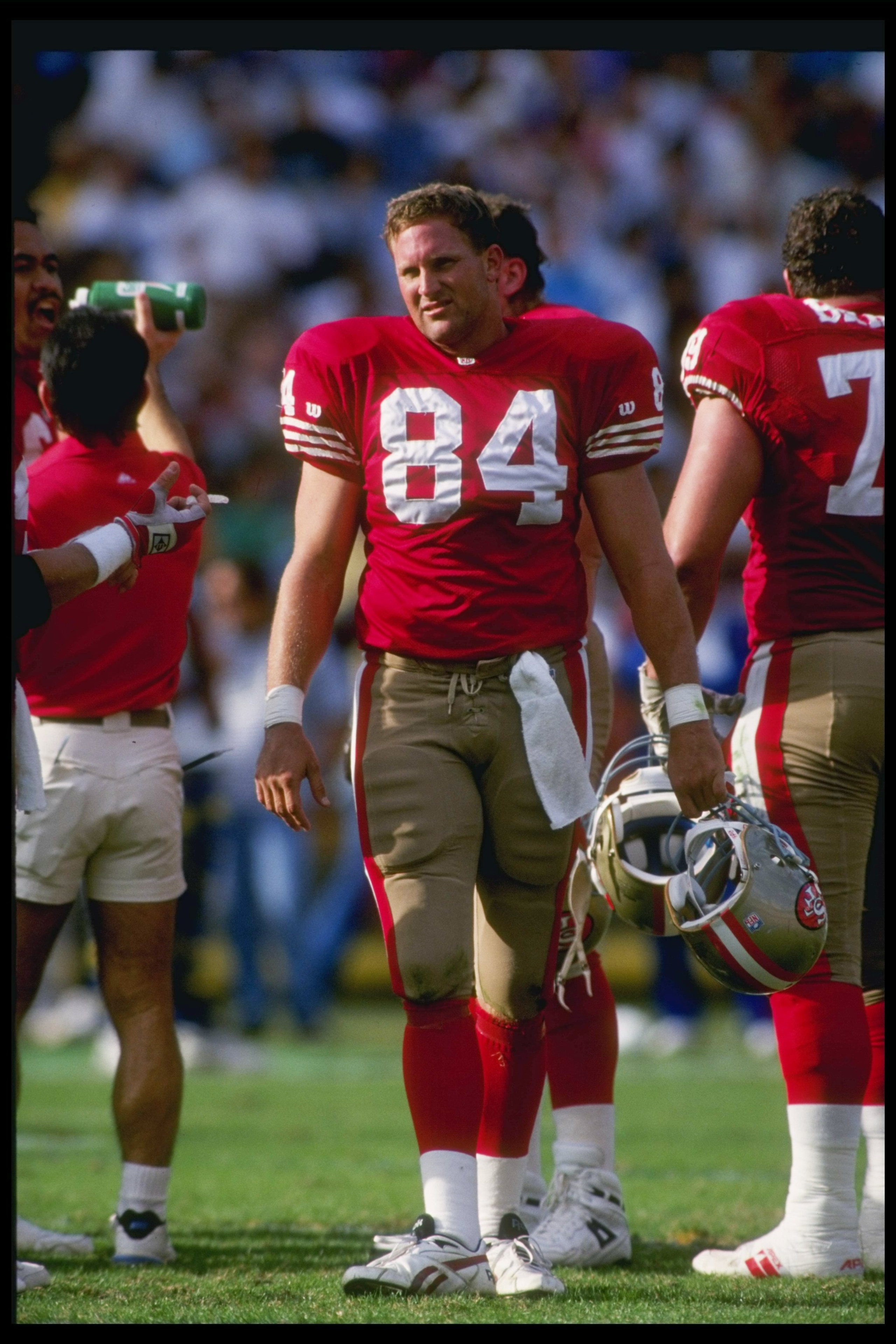 28 Nov 1993:  Tight end Brent Jones of the San Francisco 49ers looks on during a game against the Los Angeles Rams at Candlestick Park in San Francisco, California.  The 49ers won the game, 35-7. Mandatory Credit: Stephen Dunn  /Allsport