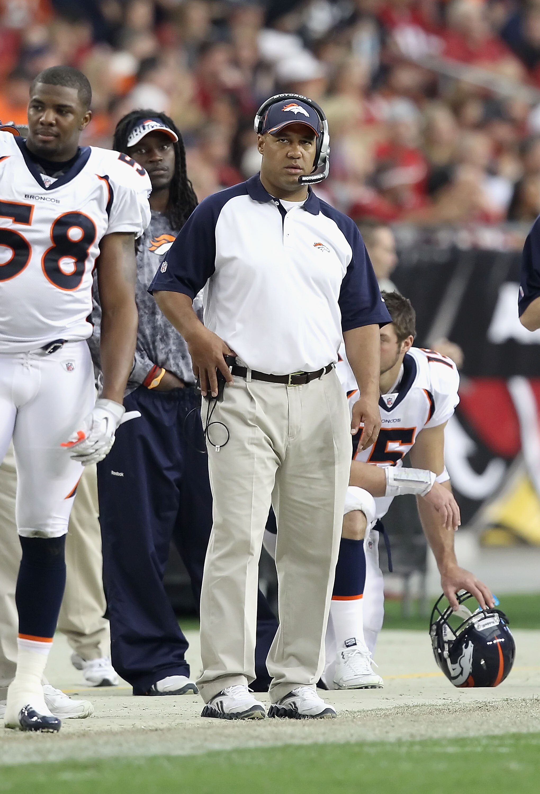 GLENDALE, AZ - DECEMBER 12:  Interim head coach Eric Studesville of the Denver Broncos reacts during the NFL game against the Arizona Cardinals at the University of Phoenix Stadium on December 12, 2010 in Glendale, Arizona. The Cardinals defeated the Bron