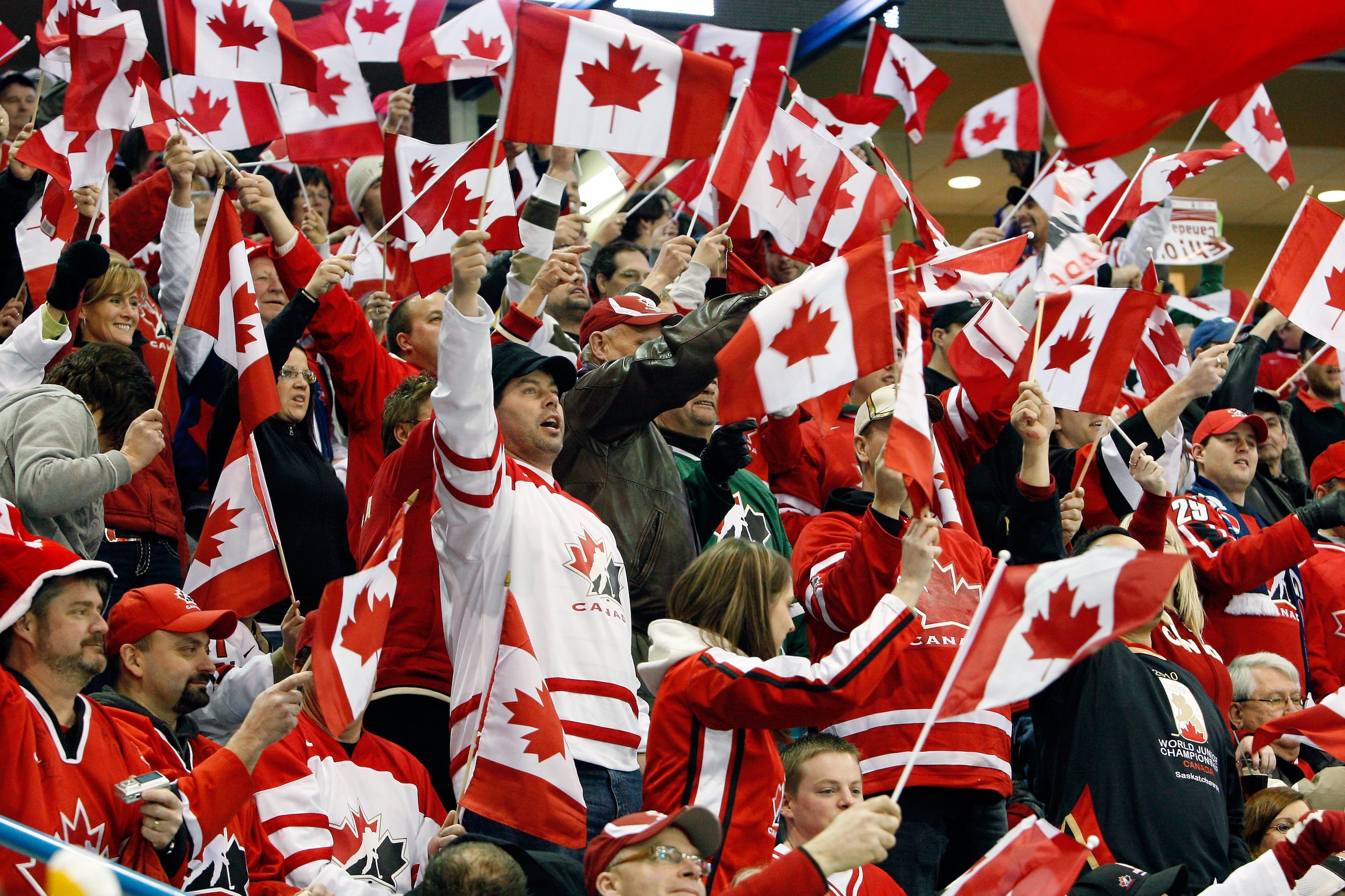 SASKATOON, SK - JANUARY 5:  Fans support Team Canada prior to  the 2010 IIHF World Junior Championship Tournament Gold Medal game against Team USA on January 5, 2010 at the Credit Union Centre in Saskatoon, Saskatchewan, Canada.  Team USA defeated Team Ca