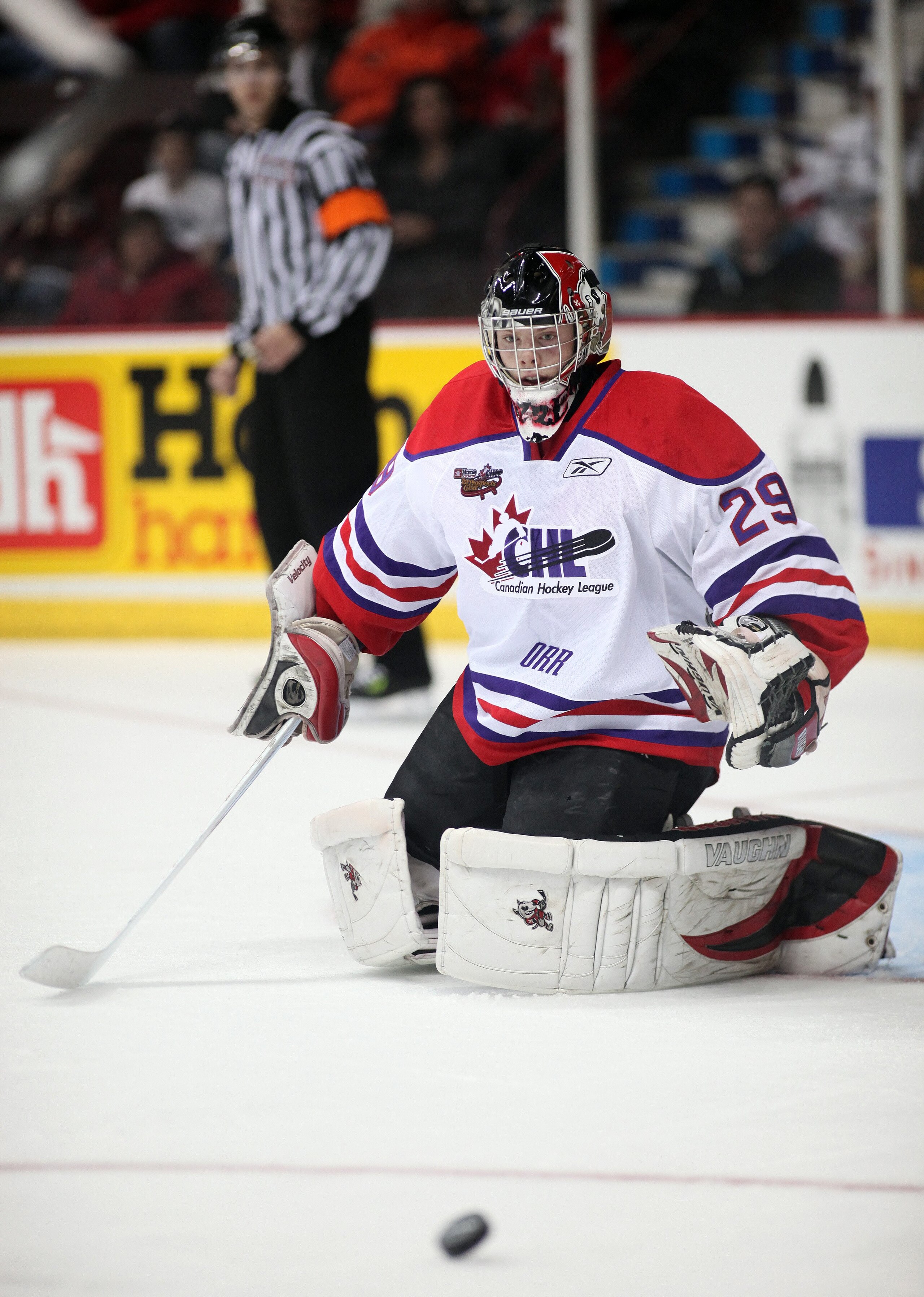 WINDSOR, ON - JANUARY 20:  Mark Visentin #29 of Team Orr watches the rebound during the Home Hardware CHL/NHL Top Prospects game against Team Cherry on January 20, 2010 at the WFCU Centre in Windsor, Ontario. Team Cherry defeated Team Orr 4-2. (Photo by C