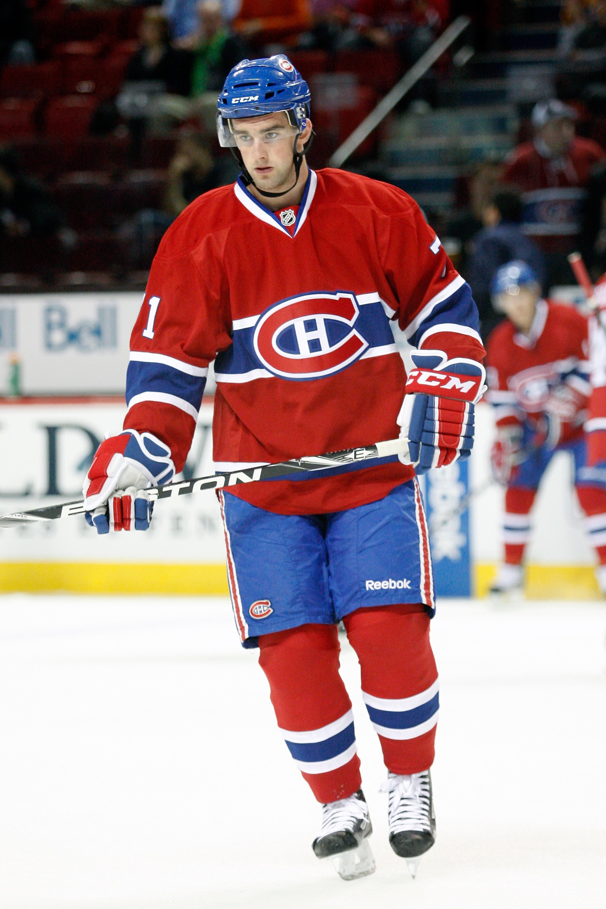 MONTREAL- SEPTEMBER 22:  Louis Leblanc #71 of the Montreal Canadiens skates during the warm up period prior to facing the Boston Bruins in an NHL pre-season game at the Bell Centre on September 22, 2010 in Montreal, Quebec, Canada.  The Bruins defeated th