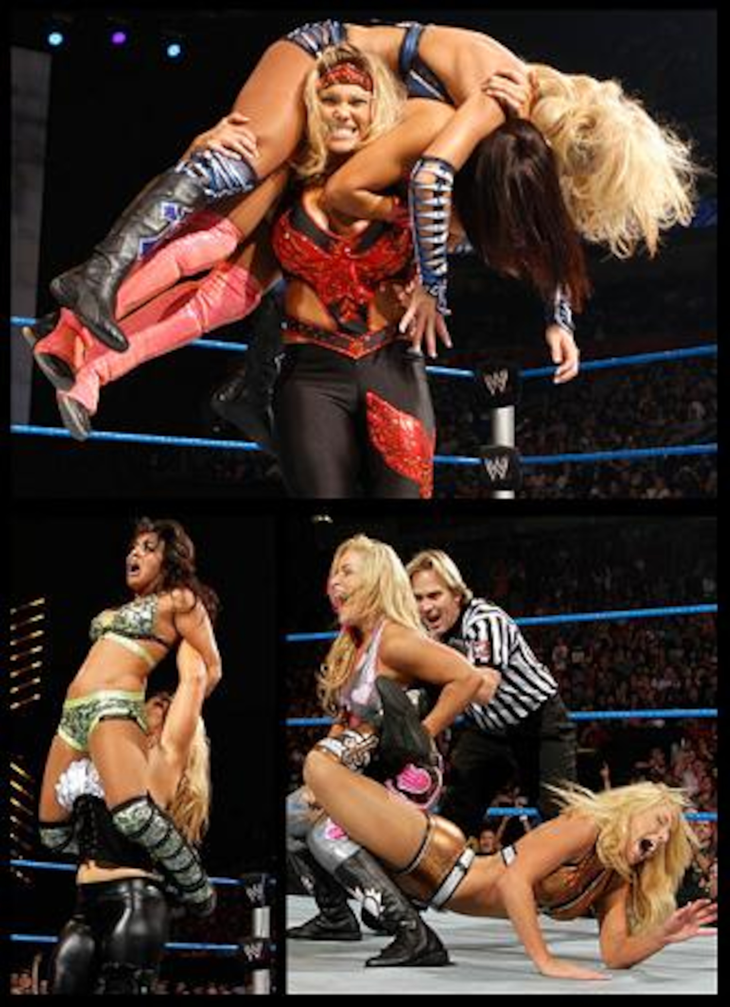 Strength and Domination: Beth and Natalya in action. How painful would be a Glam Slam through a table.