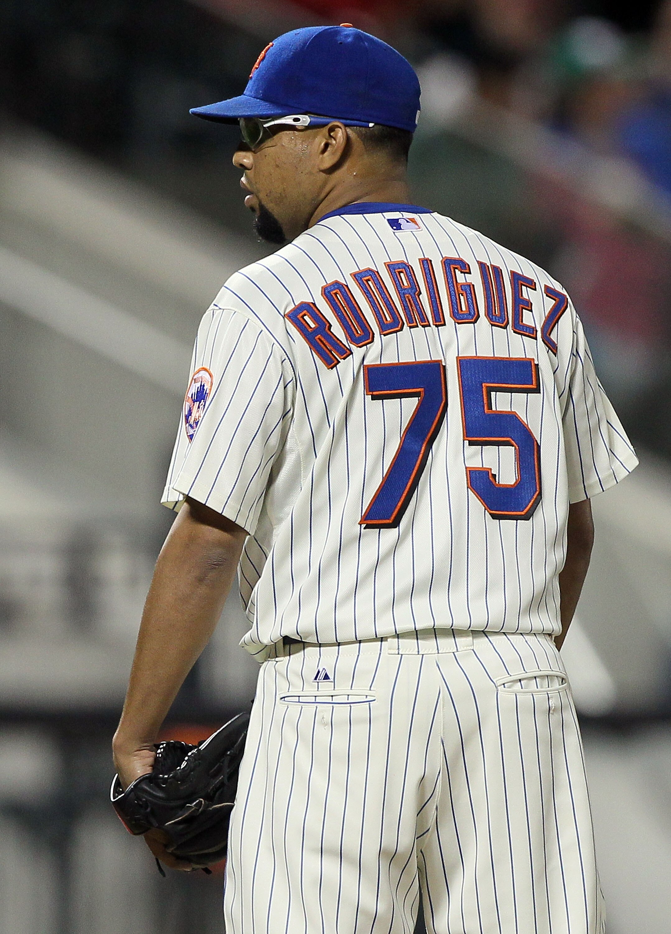 NEW YORK - AUGUST 14:  Francisco Rodriguez #75 of the New York Mets looks on after pitching in the ninth inning against the Philadelphia Phillies on August 14, 2010 at Citi Field in the Flushing neighborhood of the Queens borough of New York City. The Phi