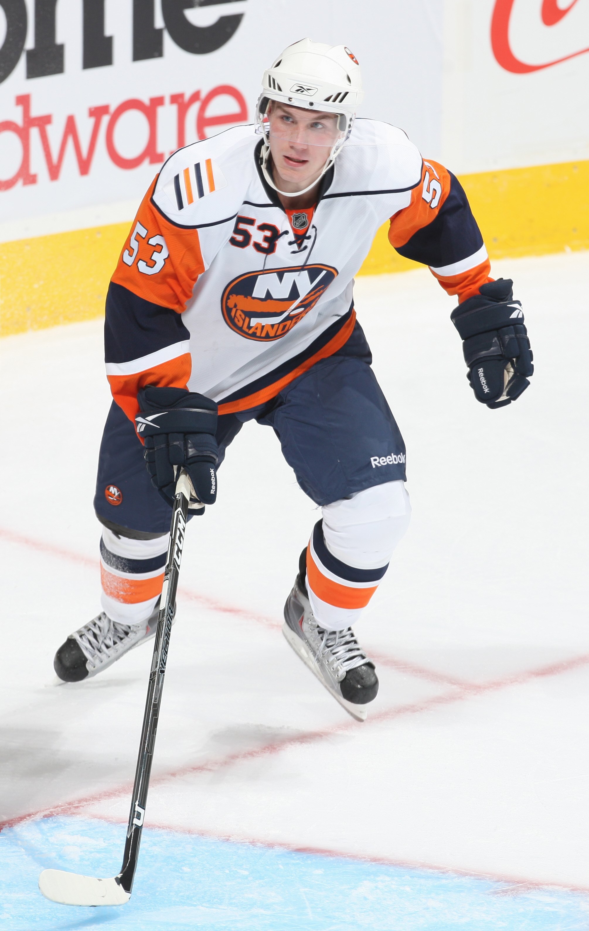EDMONTON, CANADA - SEPTEMBER 16:  Casey Cizikas #53 of the New York Islanders skates against the Edmonton Oilers on September 16, 2009 at Rexall Place in Edmonton, Alberta, Canada. The Oilers won 3-2. (Photo by Dale MacMillan/Getty Images)