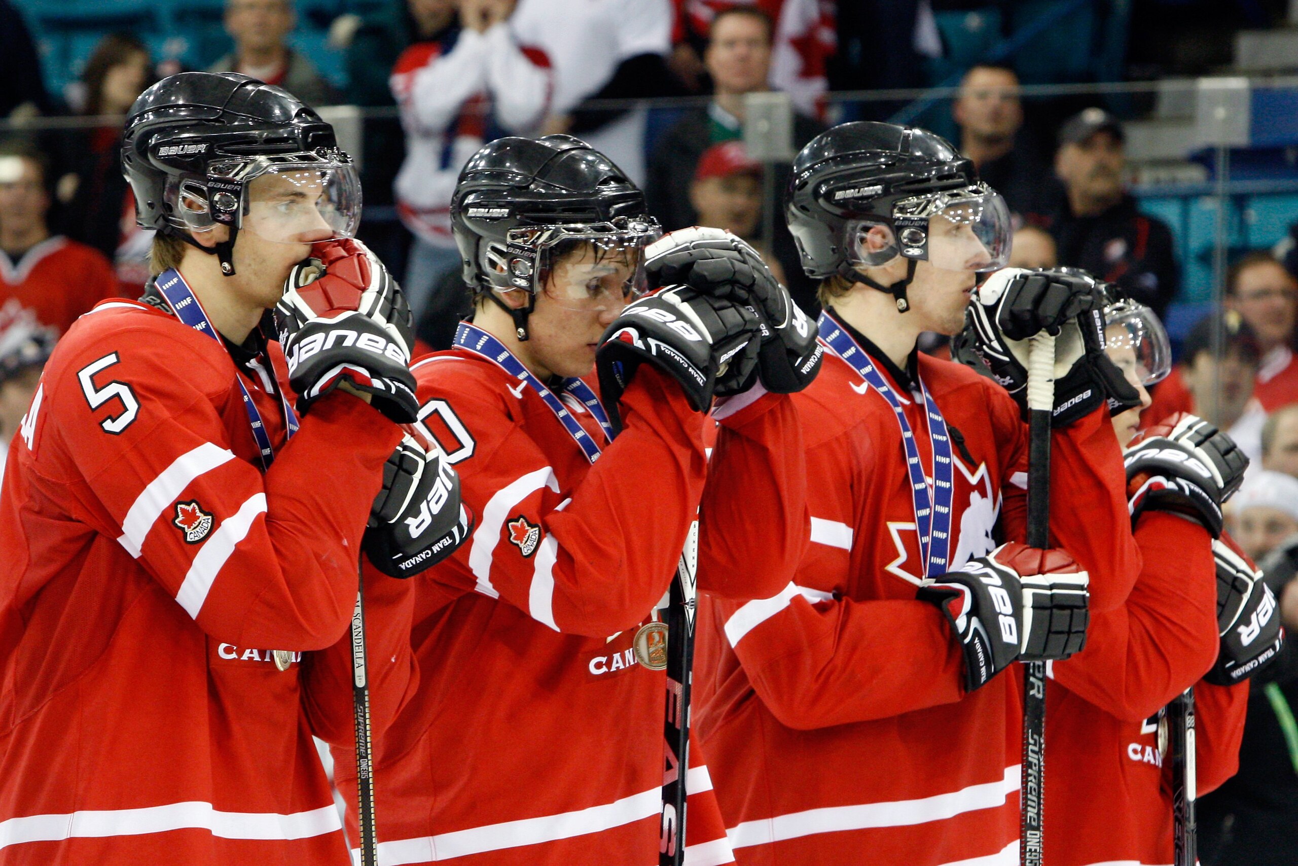 SASKATOON, SK - JANUARY 5:  Members of Team Canada stand dejected after being defeated by Team USA at the 2010 IIHF World Junior Championship Tournament Gold Medal game on January 5, 2010 at the Credit Union Centre in Saskatoon, Saskatchewan, Canada.  Tea