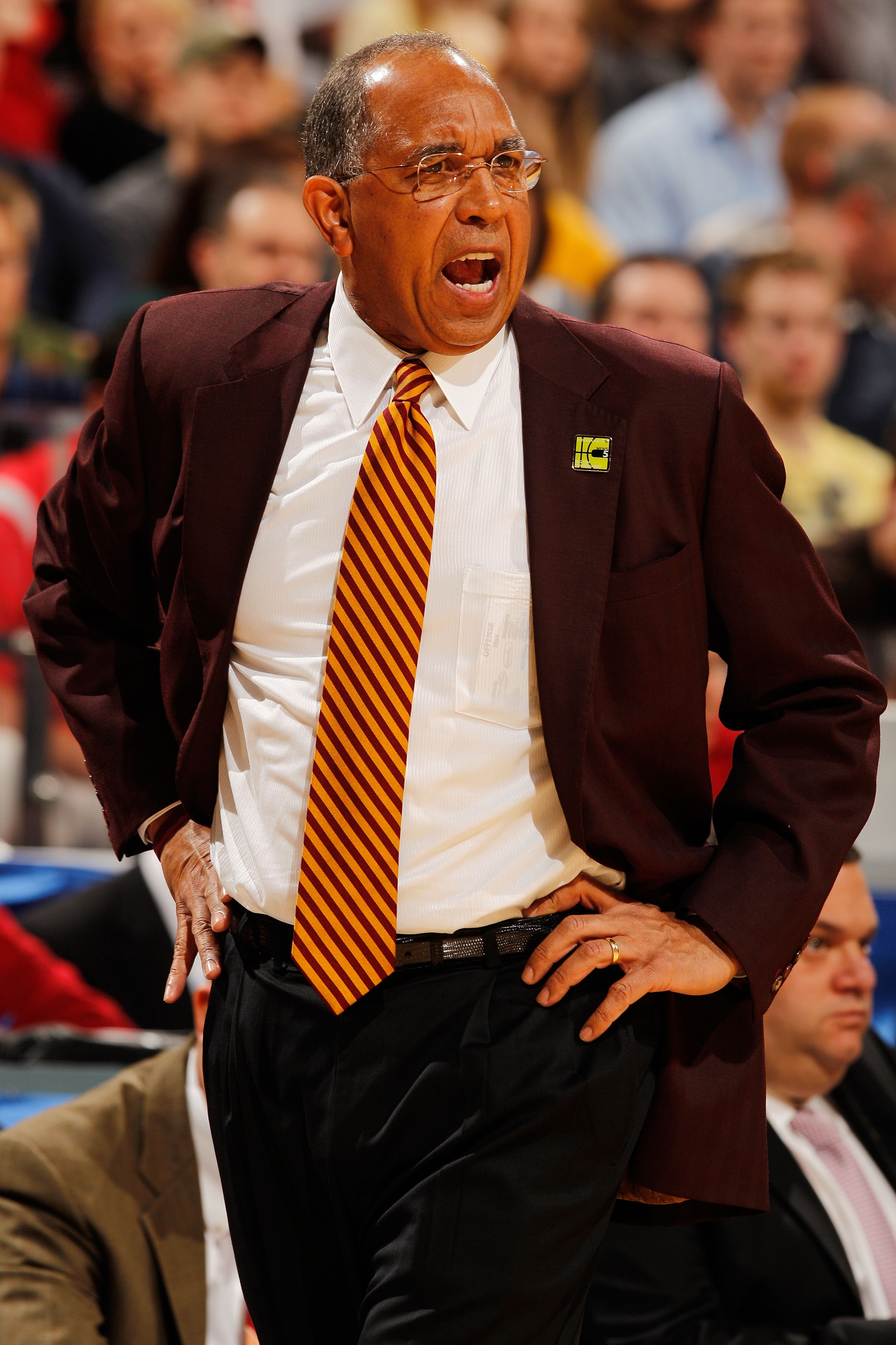 INDIANAPOLIS - MARCH 14:  Head coach Tubby Smith of the Minnesota Golden Gophers reacts to a play against the Ohio State Buckeyes in the first half of championship game in the Big Ten Men's Basketball Tournament at Conseco Fieldhouse on March 14, 2010 in
