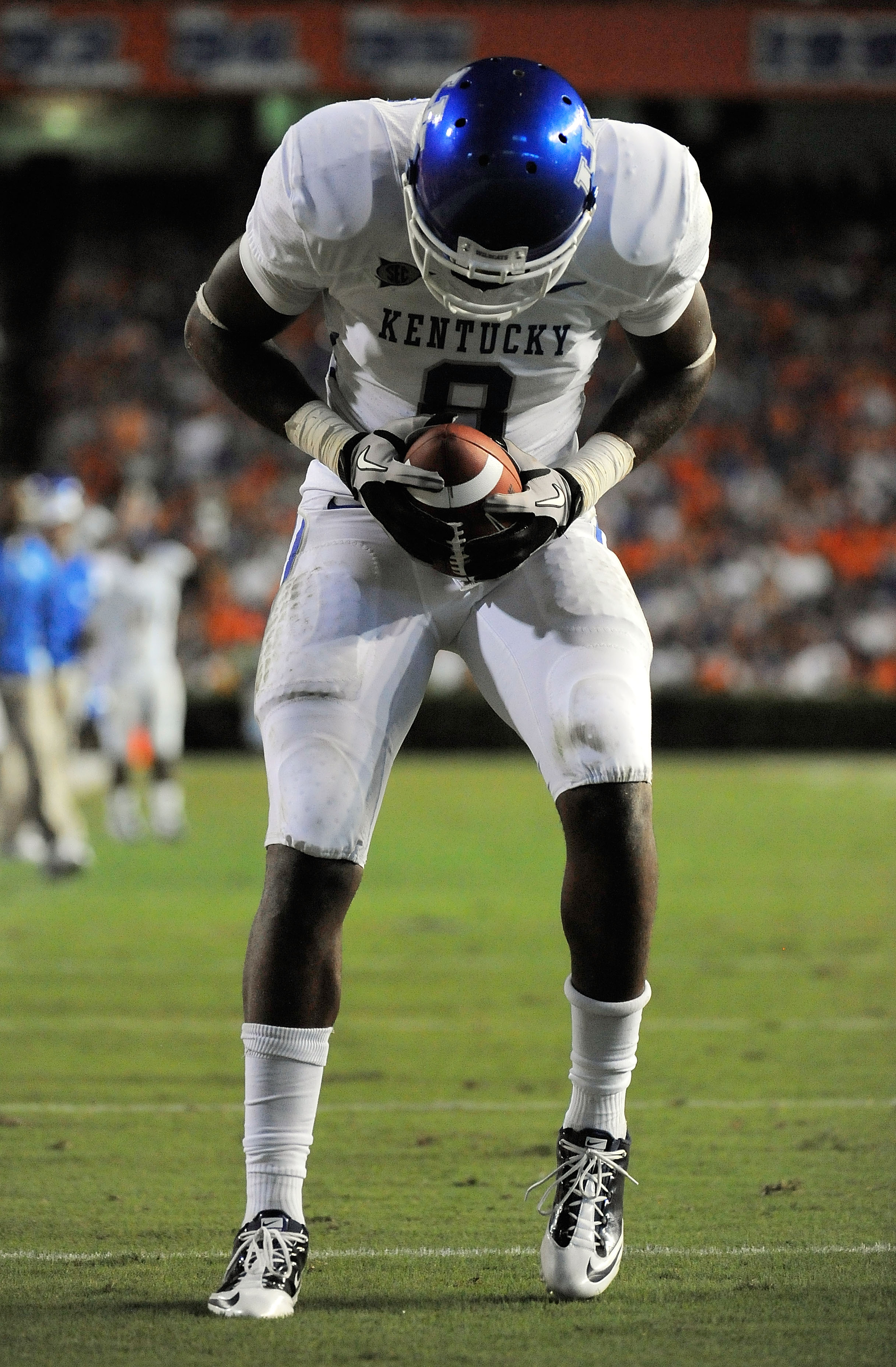 GAINESVILLE, FL - SEPTEMBER 25:  Wide receiver Chris Matthews #8 of the Kentucky Wildcats celebrates as he scores a touchdown on a fake field goal against the Florida Gators at Ben Hill Griffin Stadium on September 25, 2010 in Gainesville, Florida.  (Phot