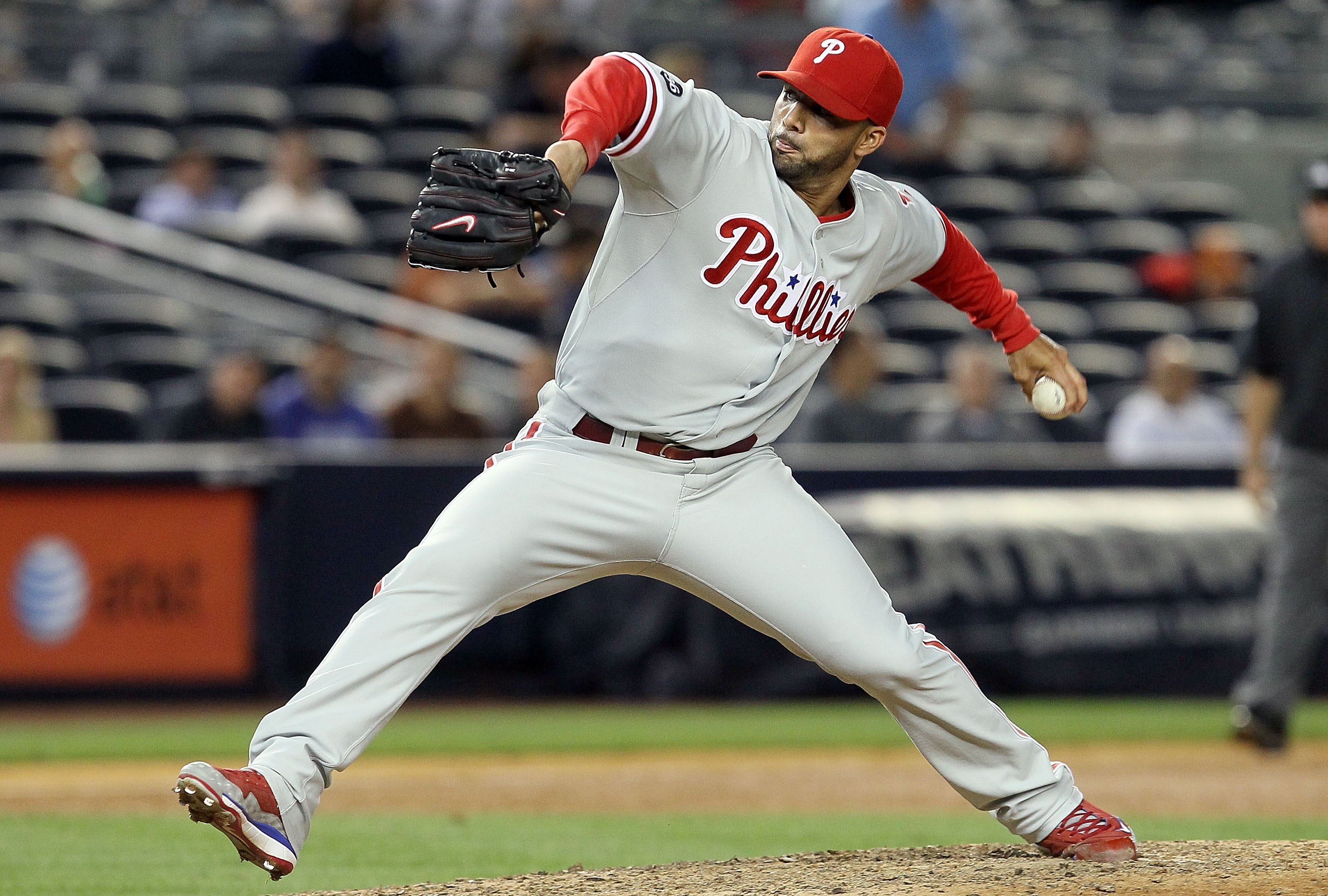 NEW YORK - JUNE 17:  J.C. Romero #16 of the Philadelphia Phillies delivers a pitch against the New York Yankees on June 17, 2010 at Yankee Stadium in the Bronx borough of New York City.  (Photo by Jim McIsaac/Getty Images)