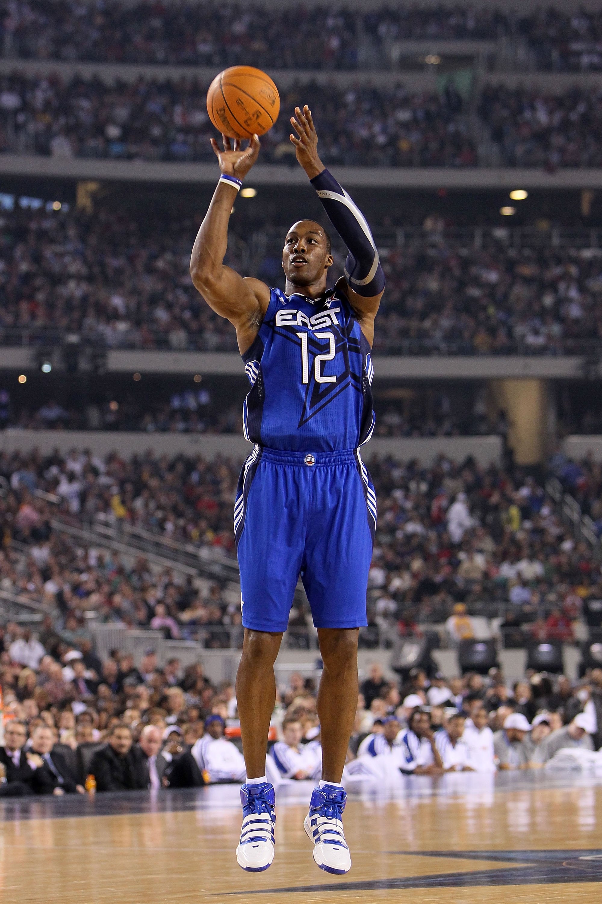 ARLINGTON, TX - FEBRUARY 14:  Dwight Howard #12 of the Eastern Conference shoots against the Western Conference during the first half of the NBA All-Star Game, part of 2010 NBA All-Star Weekend at Cowboys Stadium on February 14, 2010 in Arlington, Texas. 