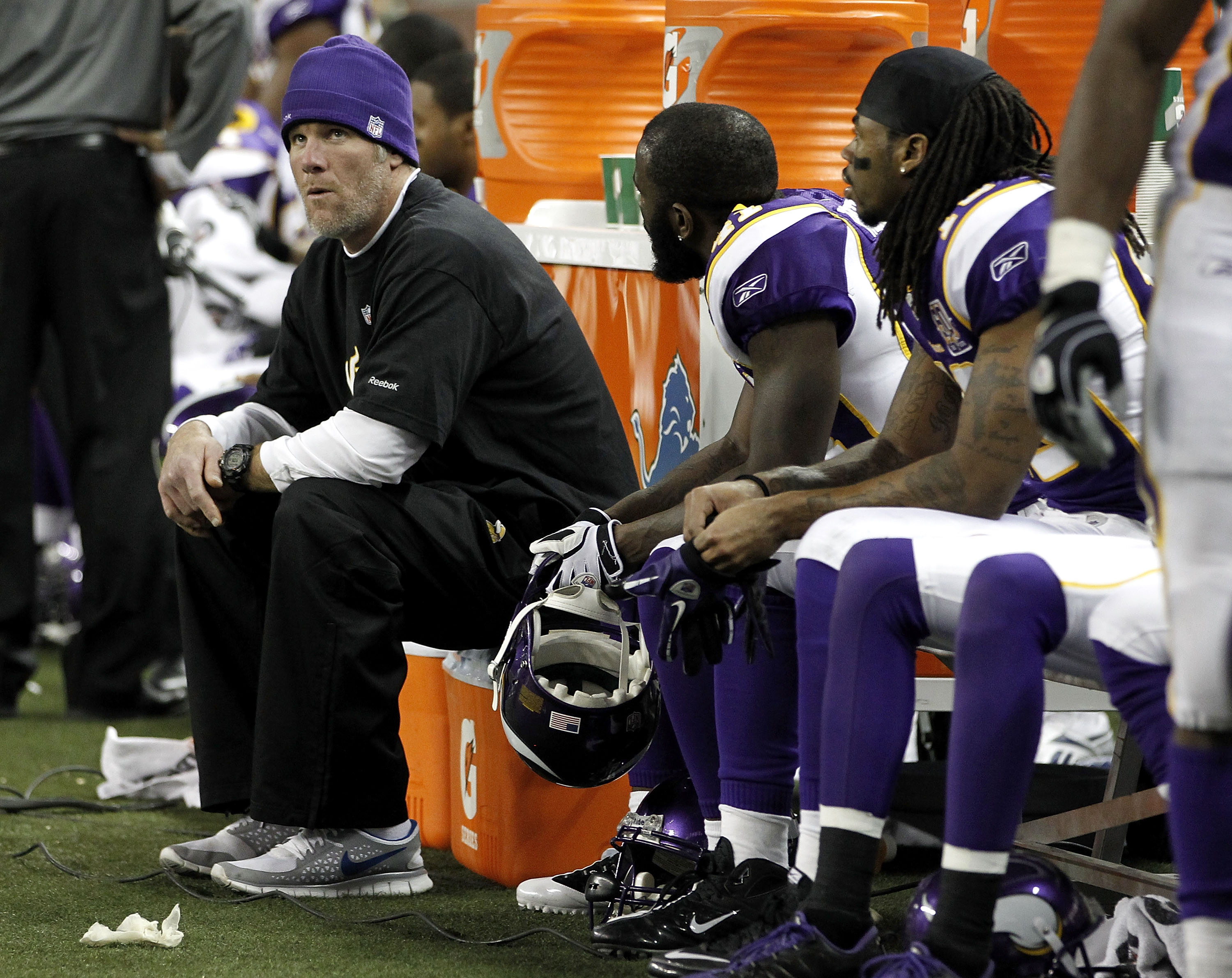 DETROIT, MI - DECEMBER 13:  Brett Favre #4 of the Minnesota Vikings looks on from the bench while playing the New York Giants at Ford Field on December 13, 2010 in Detroit, Michigan. New York won the game 21-3.  (Photo by Gregory Shamus/Getty Images)
