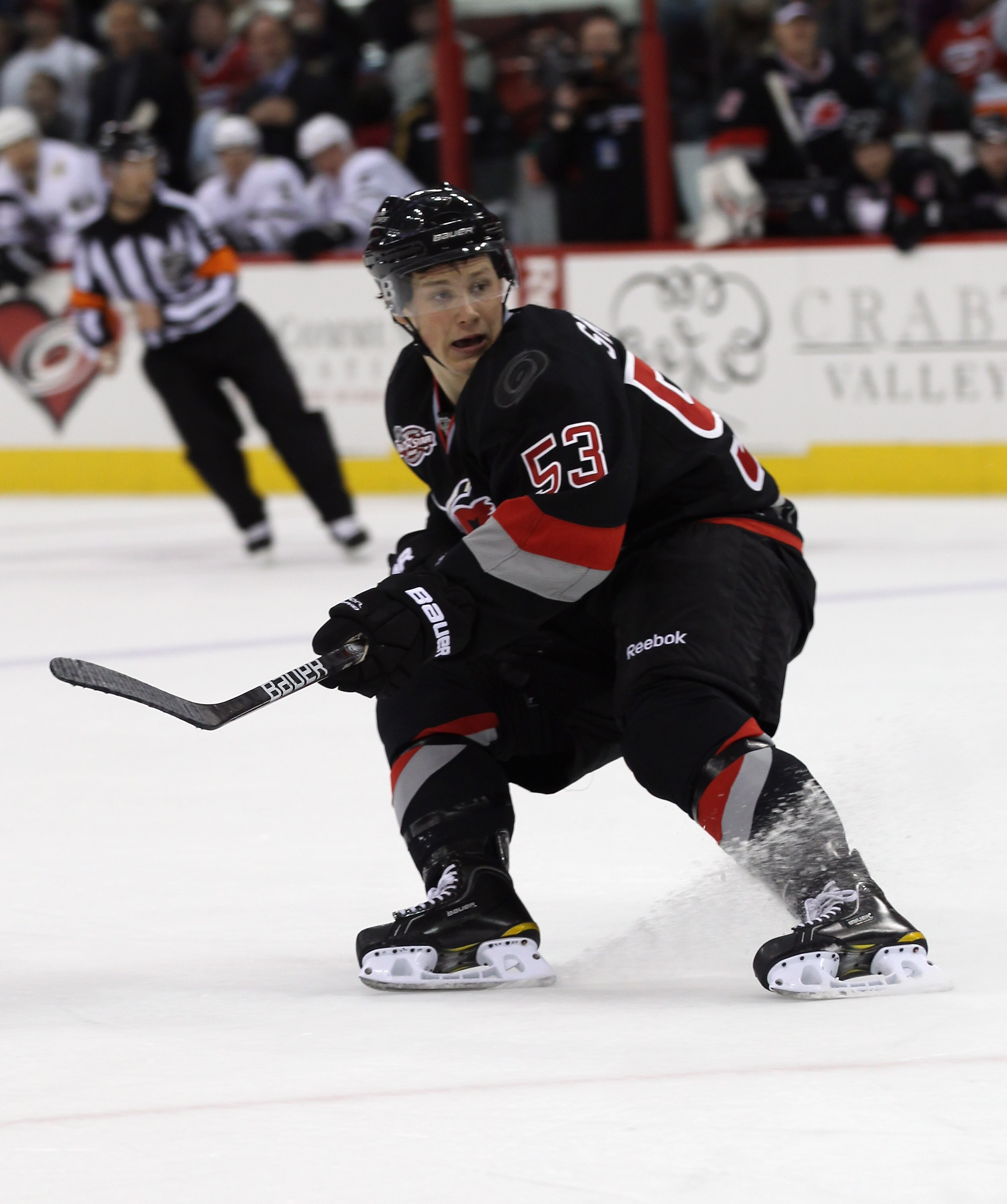 RALEIGH, NC - NOVEMBER 29:  Jeff Skinner #53 of the Carolina Hurricanes skates against the Dallas Stars at the RBC Center on November 29, 2010 in Raleigh, North Carolina. The Stars defeated the Hurricanes 4-1.  (Photo by Bruce Bennett/Getty Images)