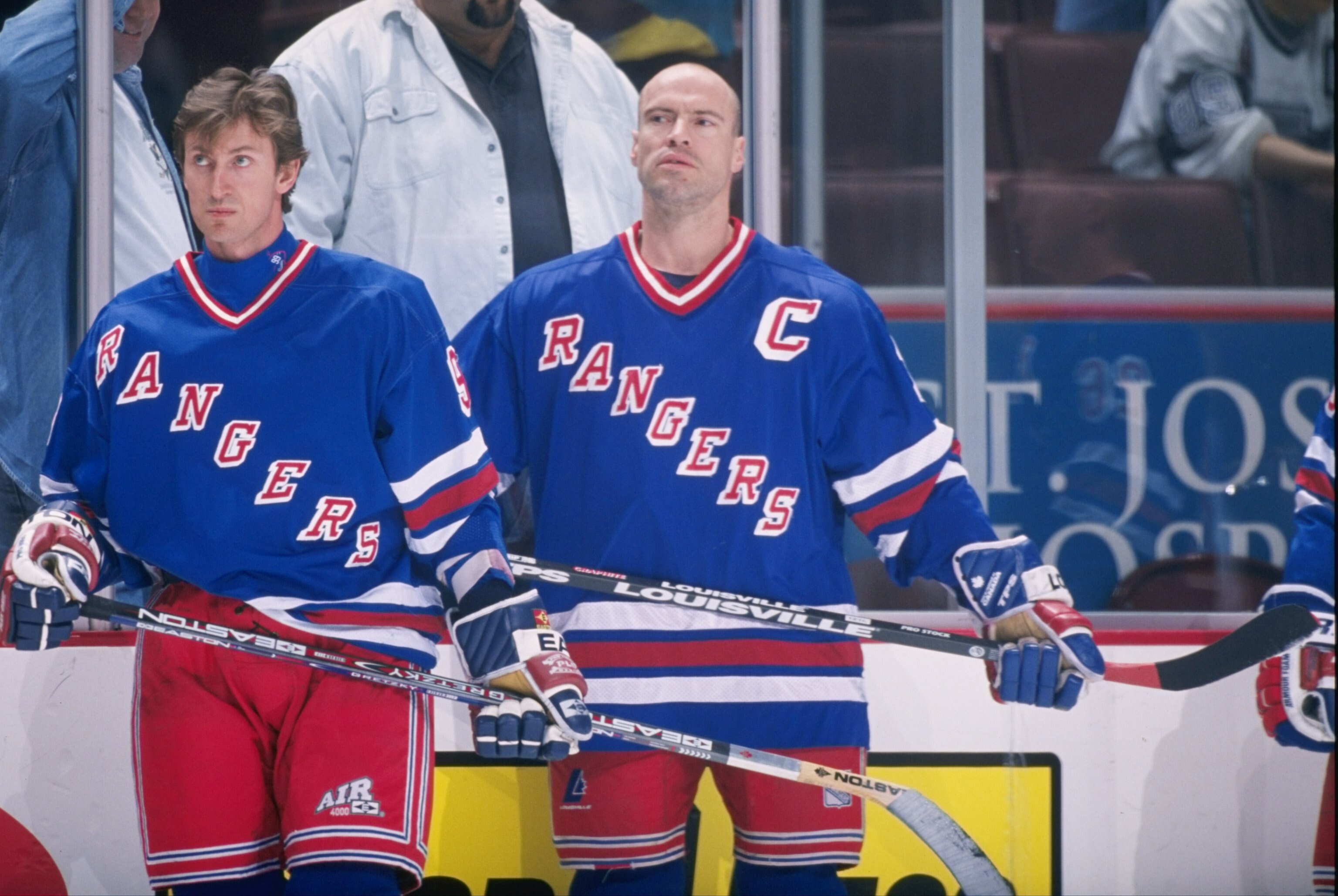 7 Mar 1997:  New York Rangers centers Wayne Gretzky (left) and Mark Messier look on during a game against the Anaheim Mighty Ducks at Arrowhead Pond in Anaheim, California.  The Ducks won the game, 5-2. Mandatory Credit: Elsa Hasch  /Allsport