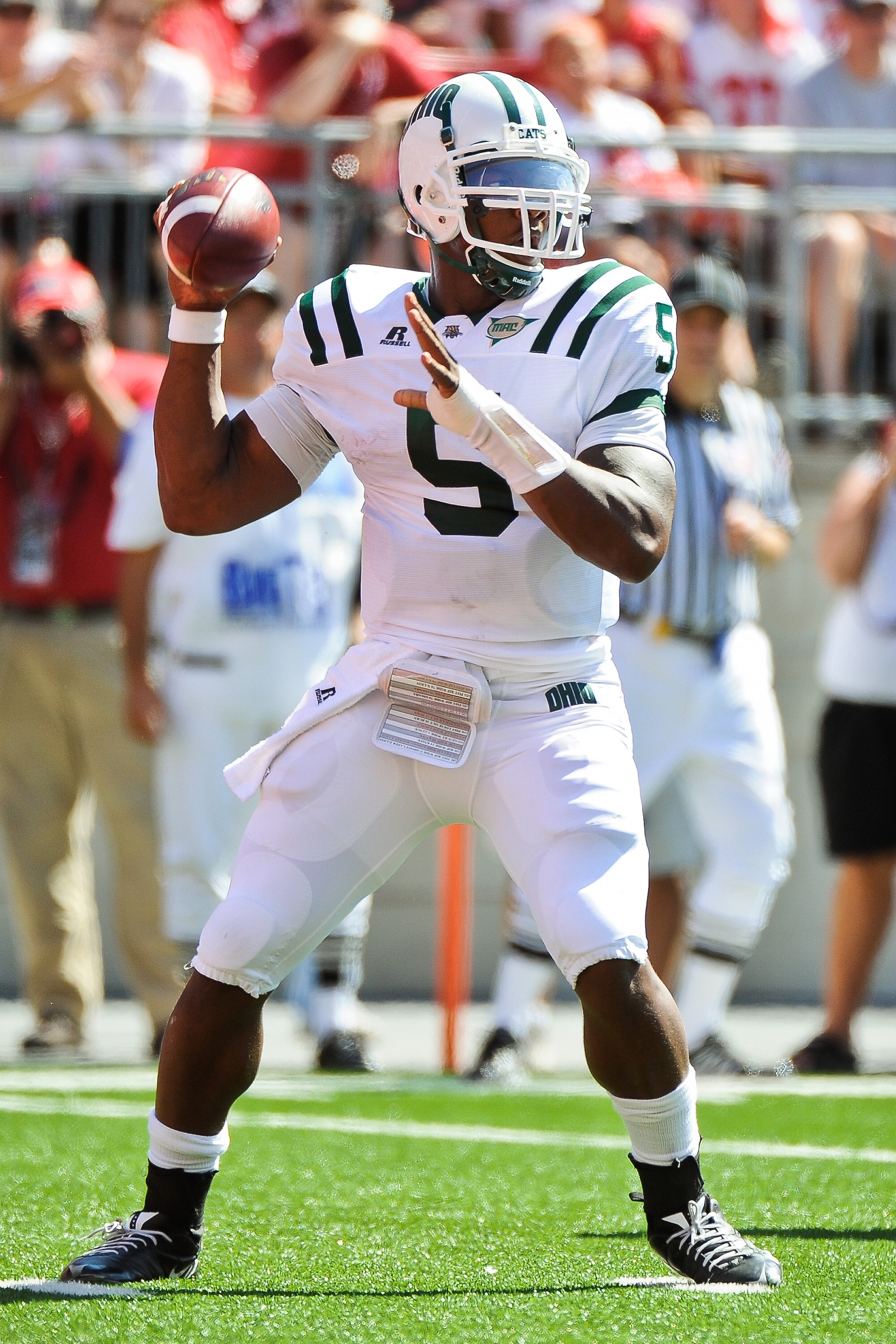 COLUMBUS, OH - SEPTEMBER 18:  Quarterback Phil Bates #5 of the Ohio Bobcats passes against the Ohio State Buckeyes at Ohio Stadium on September 18, 2010 in Columbus, Ohio.  (Photo by Jamie Sabau/Getty Images)