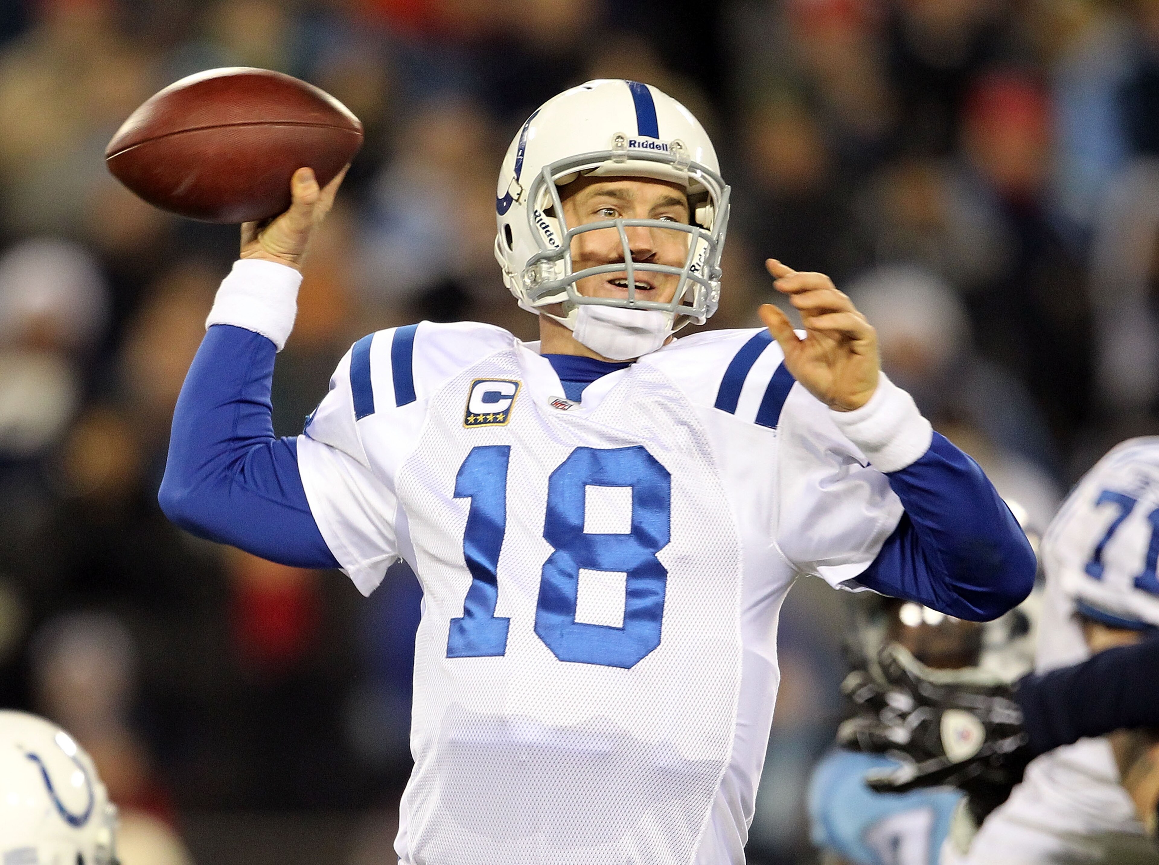 NASHVILLE, TN - DECEMBER 09:  Peyton Manning #18 of the Indianapolis Colts throws a pass during the NFL game against the Tennessee Titans  at LP Field on December 9, 2010 in Nashville, Tennessee.  The Colts won 30-28. (Photo by Andy Lyons/Getty Images)