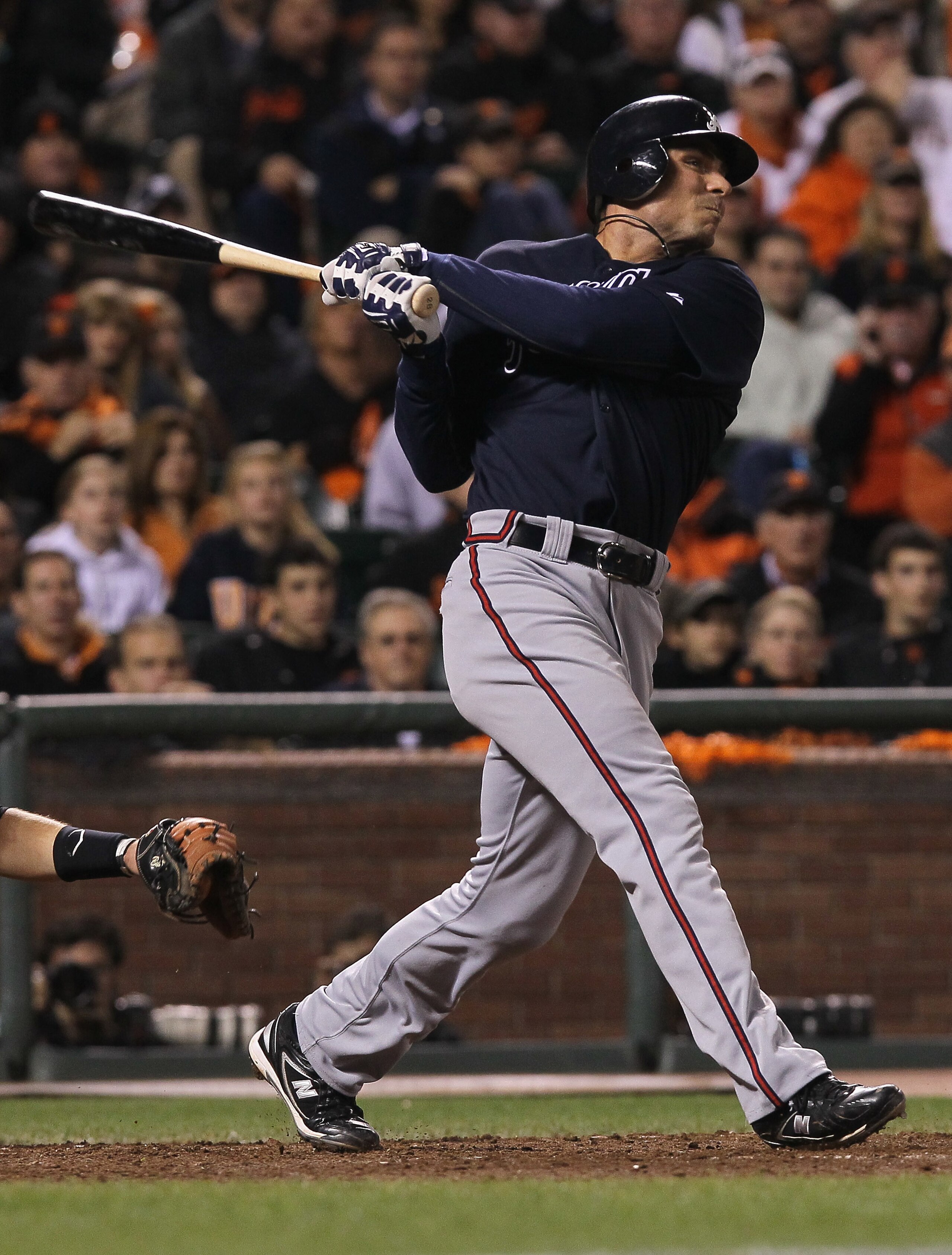 SAN FRANCISCO - OCTOBER 08:  Rick Ankiel #28 of the Atlanta Braves hits a solo home run in the tenth inning of the National League Division Series with the San Francisco Giants at AT&T Park on October 8, 2010 in San Francisco, California.  (Photo by Justi