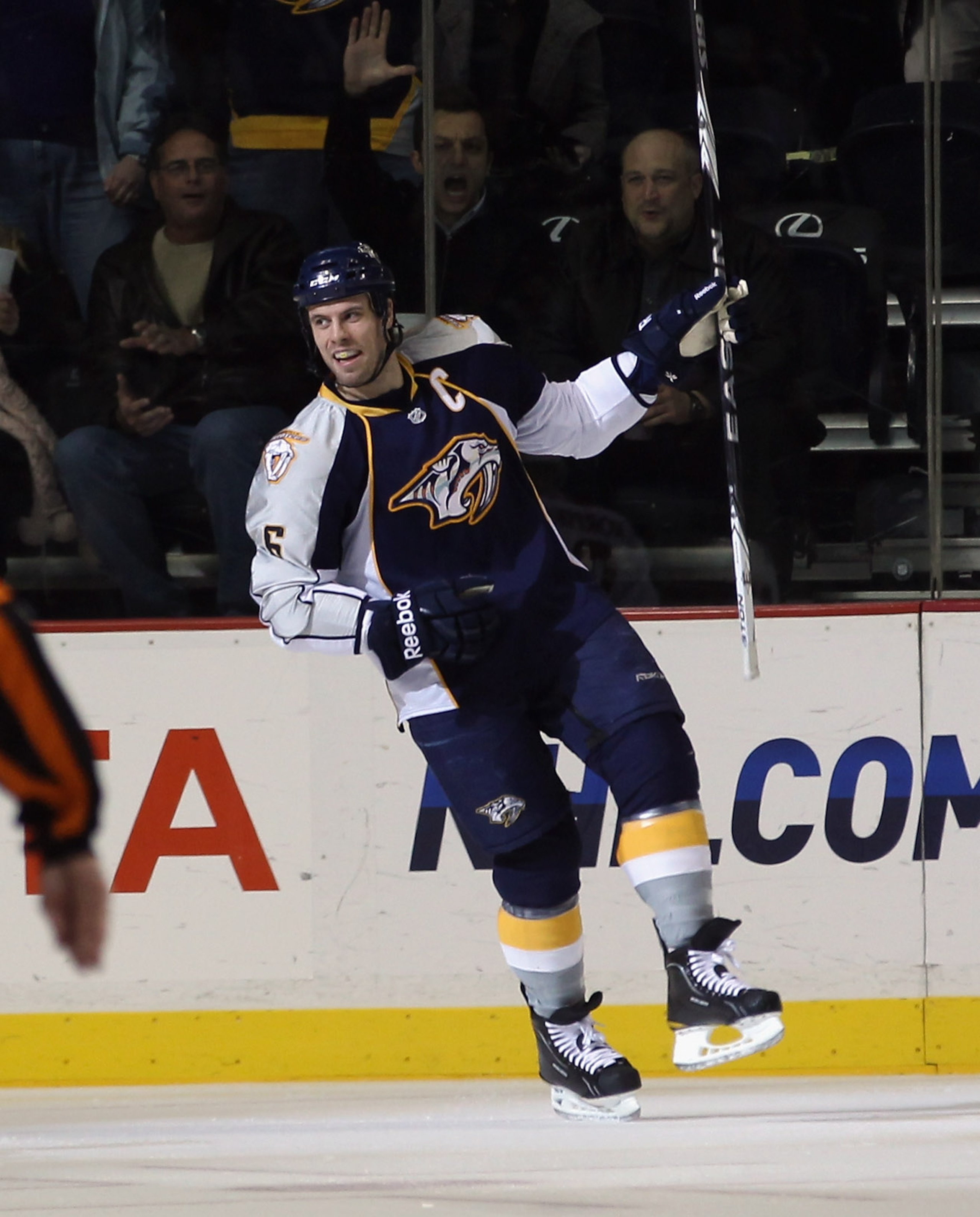 NASHVILLE, TN - NOVEMBER 30: Shea Weber #6 of the Nashville Predators scores a power play goal at 3:36 of the first period against the Phoenix Coyotes at the Bridgestone Arena on November 30, 2010 in Nashville, Tennessee.  (Photo by Bruce Bennett/Getty Im