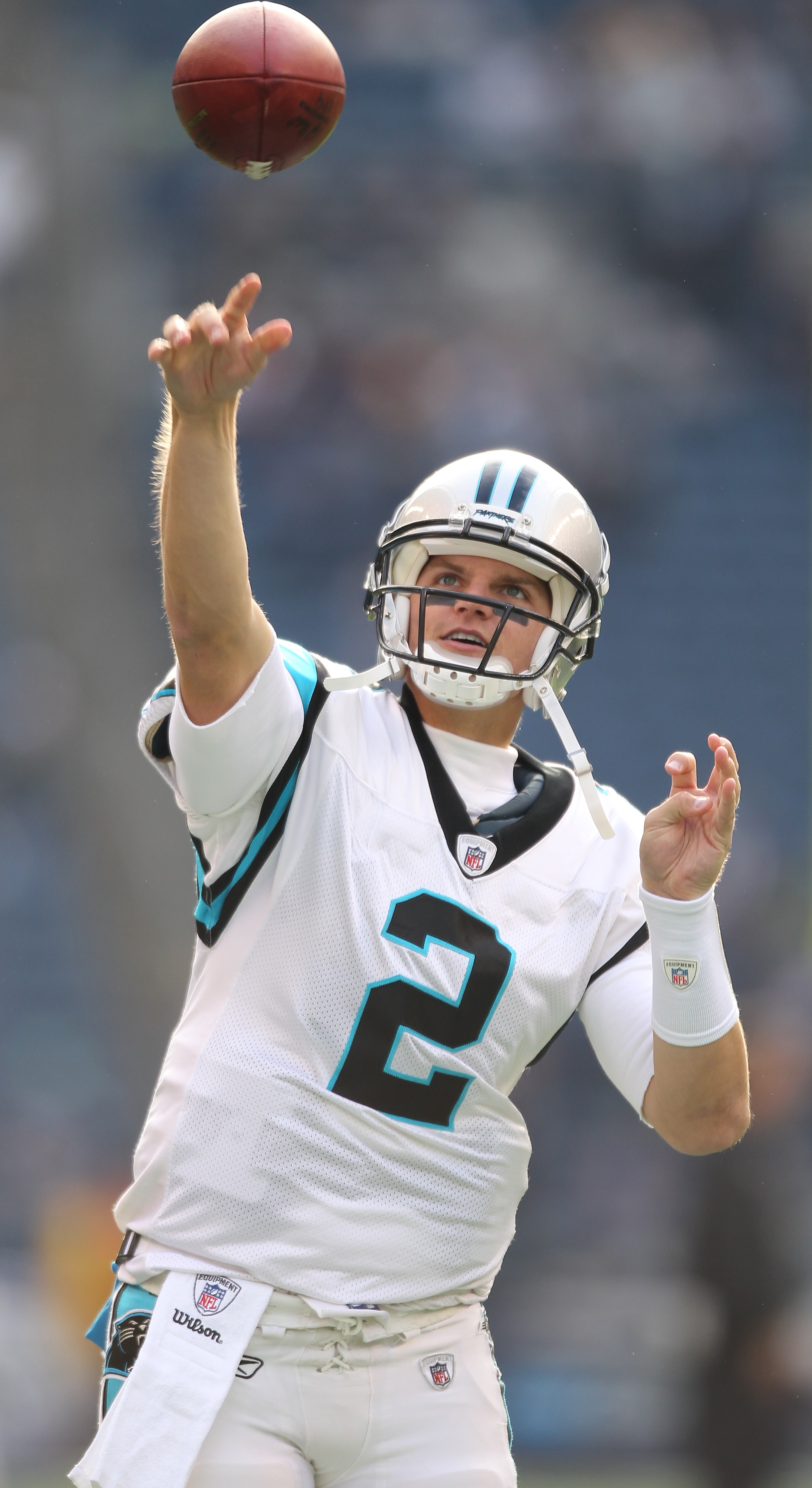 SEATTLE - DECEMBER 05:  Quarterback Jimmy Clausen #2 of the Carolina Panthers passes during warmups prior to the game against the Seattle Seahawks at Qwest Field on December 5, 2010 in Seattle, Washington. The Seahawks won, 31-14. (Photo by Otto Greule Jr