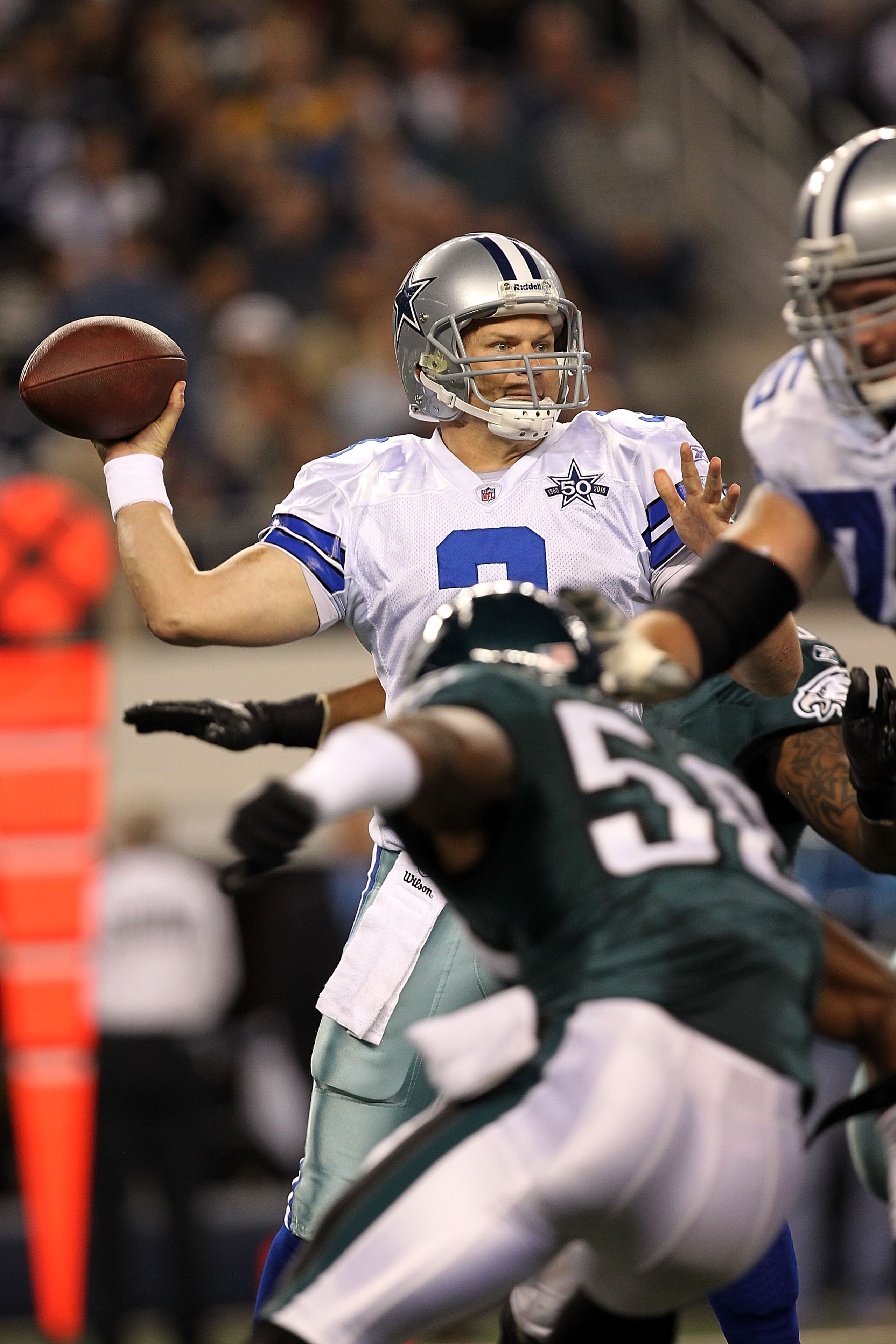 ARLINGTON, TX - DECEMBER 12: Quarterback Jon Kitna #3 of the Dallas Cowboys drops back to pass against the Philadelphia Eagles at Cowboys Stadium on December 12, 2010 in Arlington, Texas. (Photo by Ronald Martinez/Getty Images) ARLINGTON, TX - DECEMBER 12: Quarterback Jon Kitna #3 of the Dallas Cowboys drops back to pass against the Philadelphia Eagles at Cowboys Stadium on December 12, 2010 in Arlington, Texas. (Photo by Ronald Martinez/Getty Images)