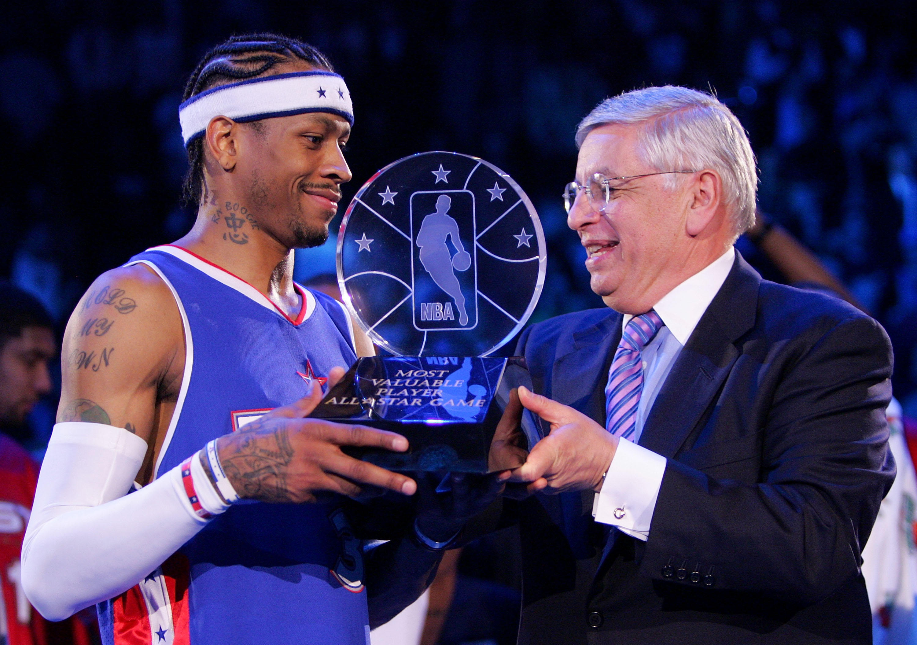 DENVER - FEBRUARY 20:  Allen Iverson #3 of the Eastern Conference All-Stars receives the MVP trophy from NBA Commissioner David Stern after the East defeated the West in the 54th All-Star Game, part of 2005 NBA All-Star Weekend at Pepsi Center on February