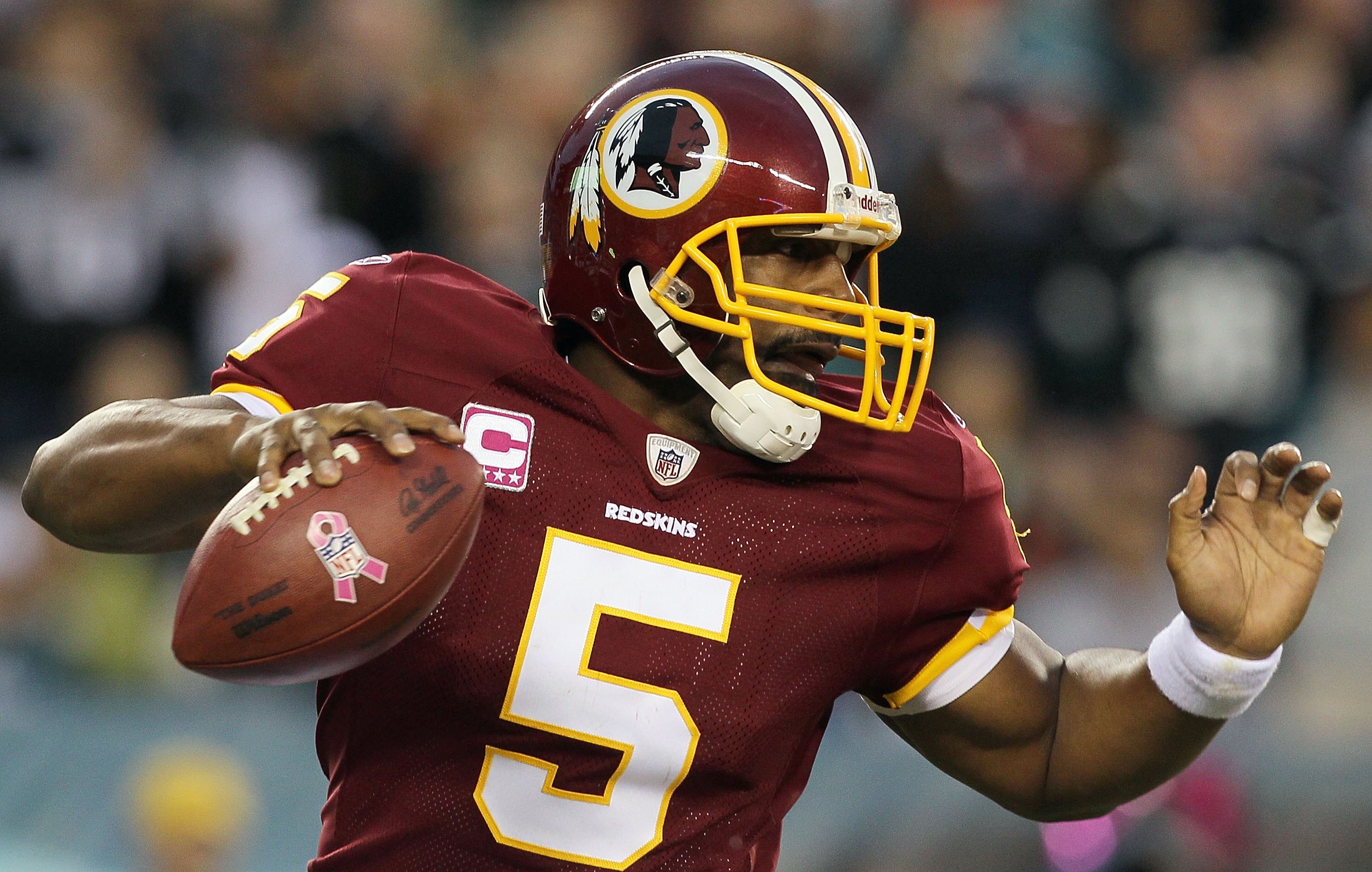 PHILADELPHIA - OCTOBER 03:  Donovan McNabb #5 of the Washington Redskins against the Philadelphia Eagles on October 3, 2010 at Lincoln Financial Field in Philadelphia, Pennsylvania. The Redskins defeated the Eagles 17-12.  (Photo by Jim McIsaac/Getty Imag