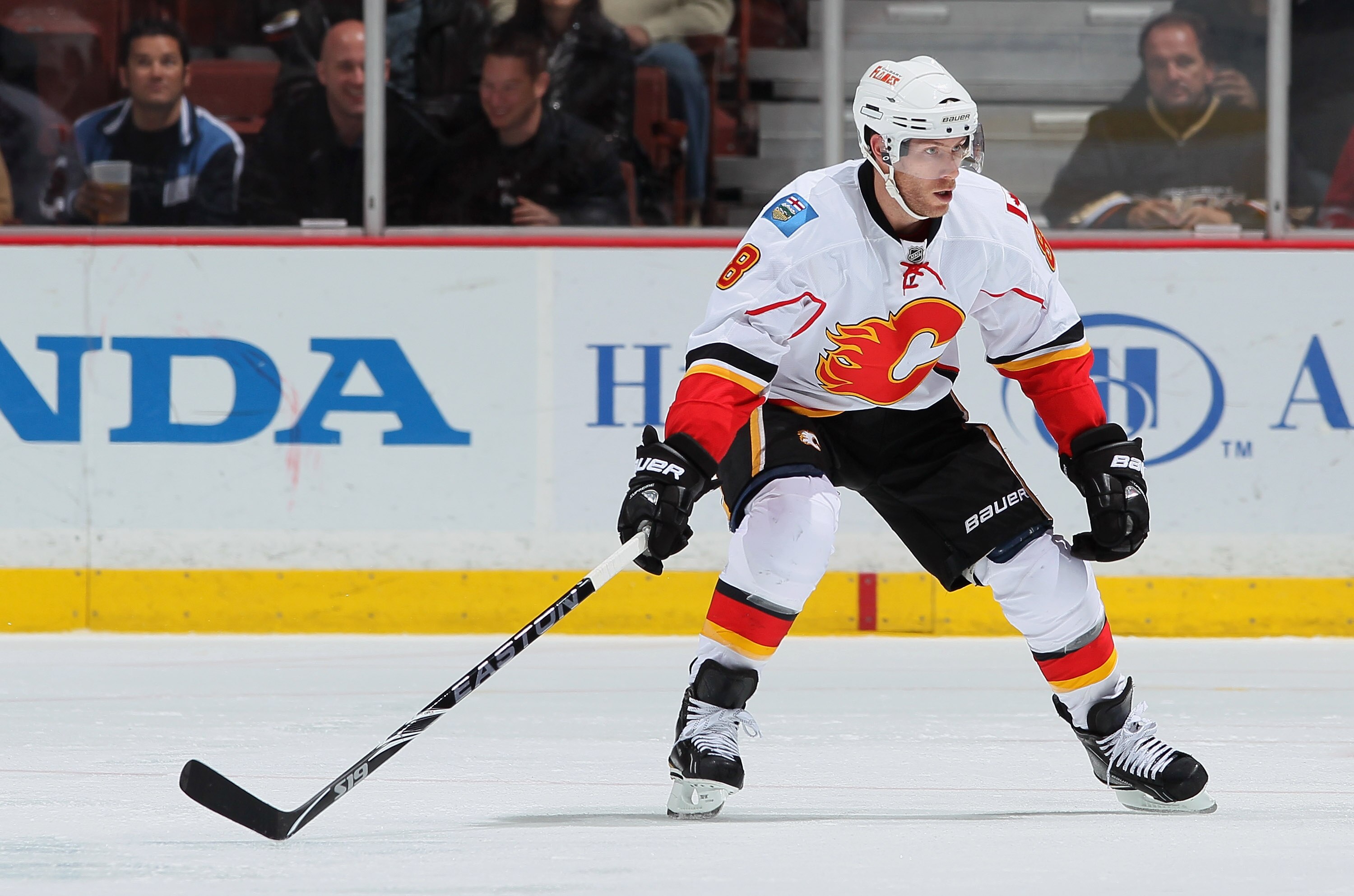 ANAHEIM, CA - DECEMBER 10:  Brendan Morrison #8 of the Calgary Flames skates against the Anaheim Ducks at the Honda Center on December 10, 2010 in Anaheim, California.  (Photo by Jeff Gross/Getty Images)
