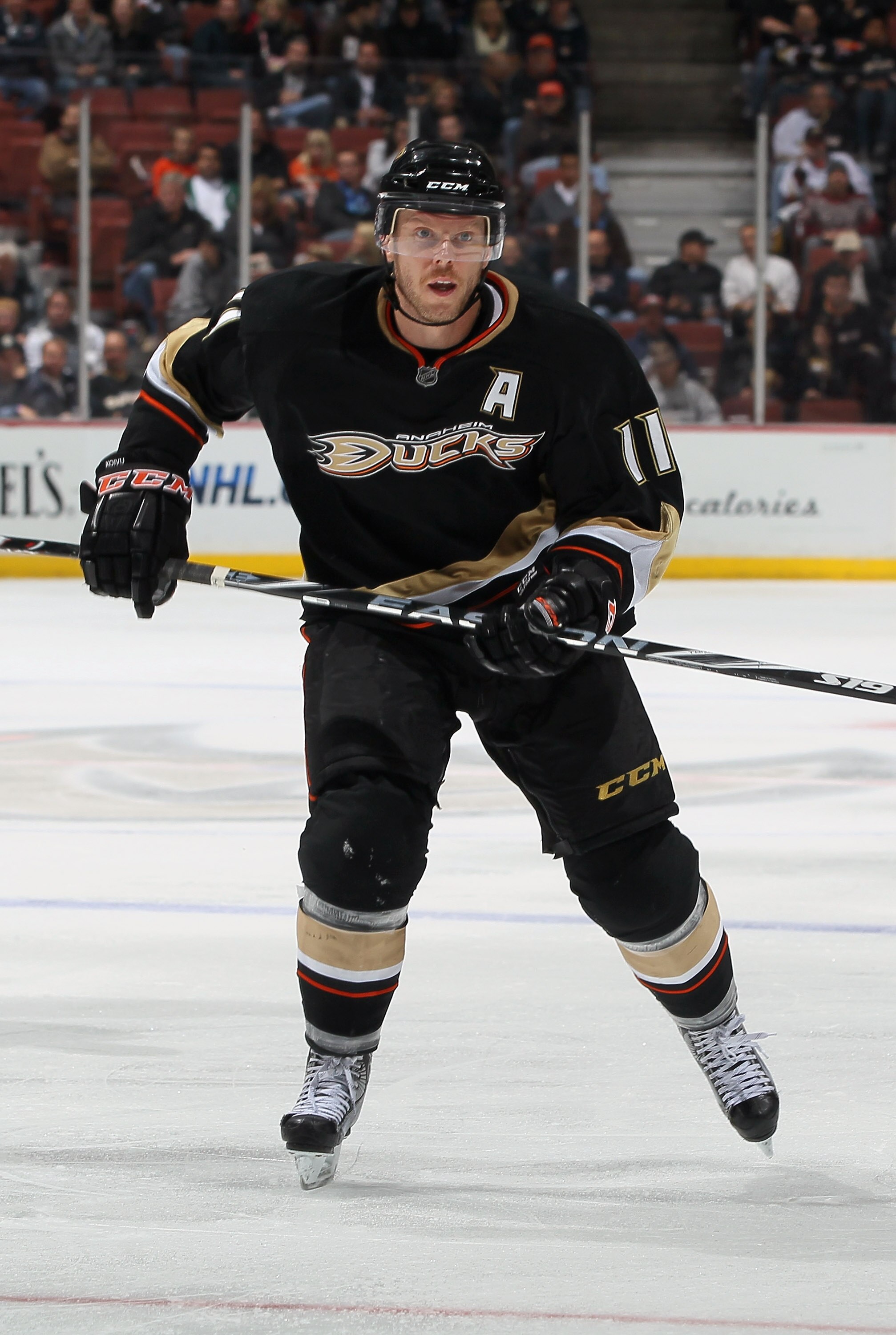 ANAHEIM, CA - NOVEMBER 19:  Saku Koivu #11 of the Anaheim Ducks skates against the Columbus Blue Jackets at the Honda Center on November 19, 2010 in Anaheim, California. The Blue Jackets defeated the Ducks 4-3.  (Photo by Jeff Gross/Getty Images)