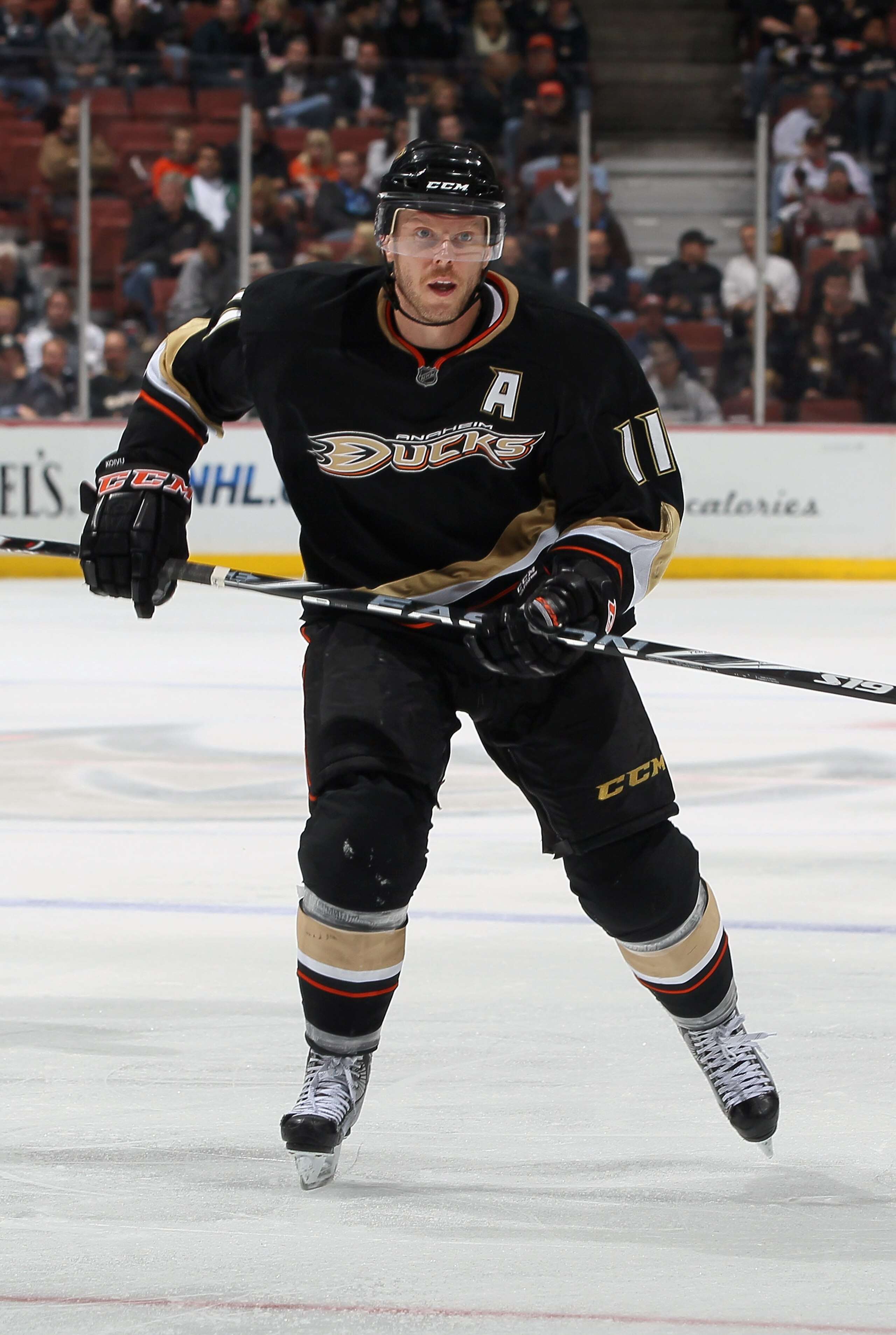 ANAHEIM, CA - NOVEMBER 19:  Saku Koivu #11 of the Anaheim Ducks skates against the Columbus Blue Jackets at the Honda Center on November 19, 2010 in Anaheim, California. The Blue Jackets defeated the Ducks 4-3.  (Photo by Jeff Gross/Getty Images)