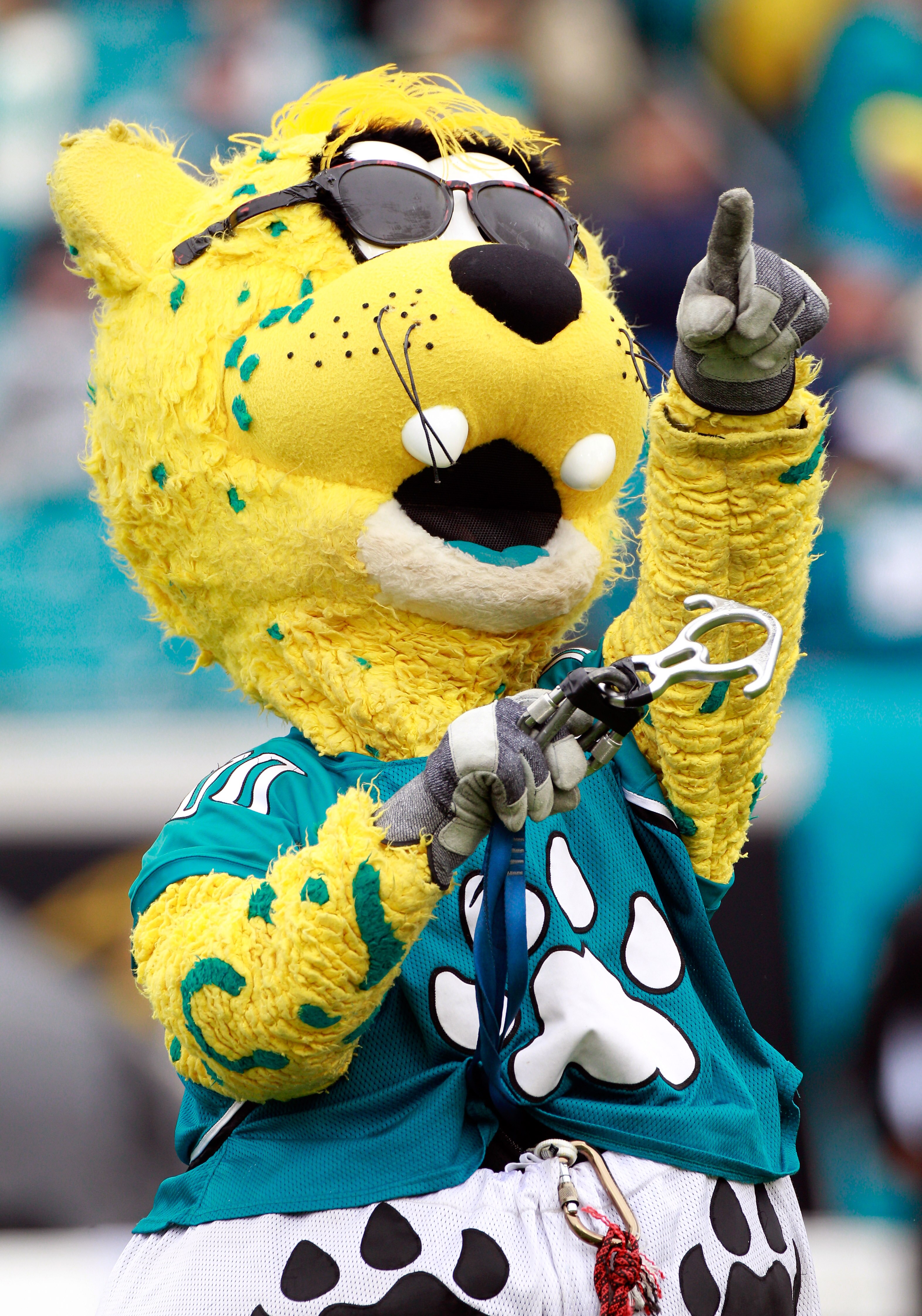 JACKSONVILLE, FL - DECEMBER 12:  Jacksonville Jaguar mascot Jaxon de Ville points to the crowd during the game against the Oakland Raiders at EverBank Field on December 12, 2010 in Jacksonville, Florida.  (Photo by Sam Greenwood/Getty Images)