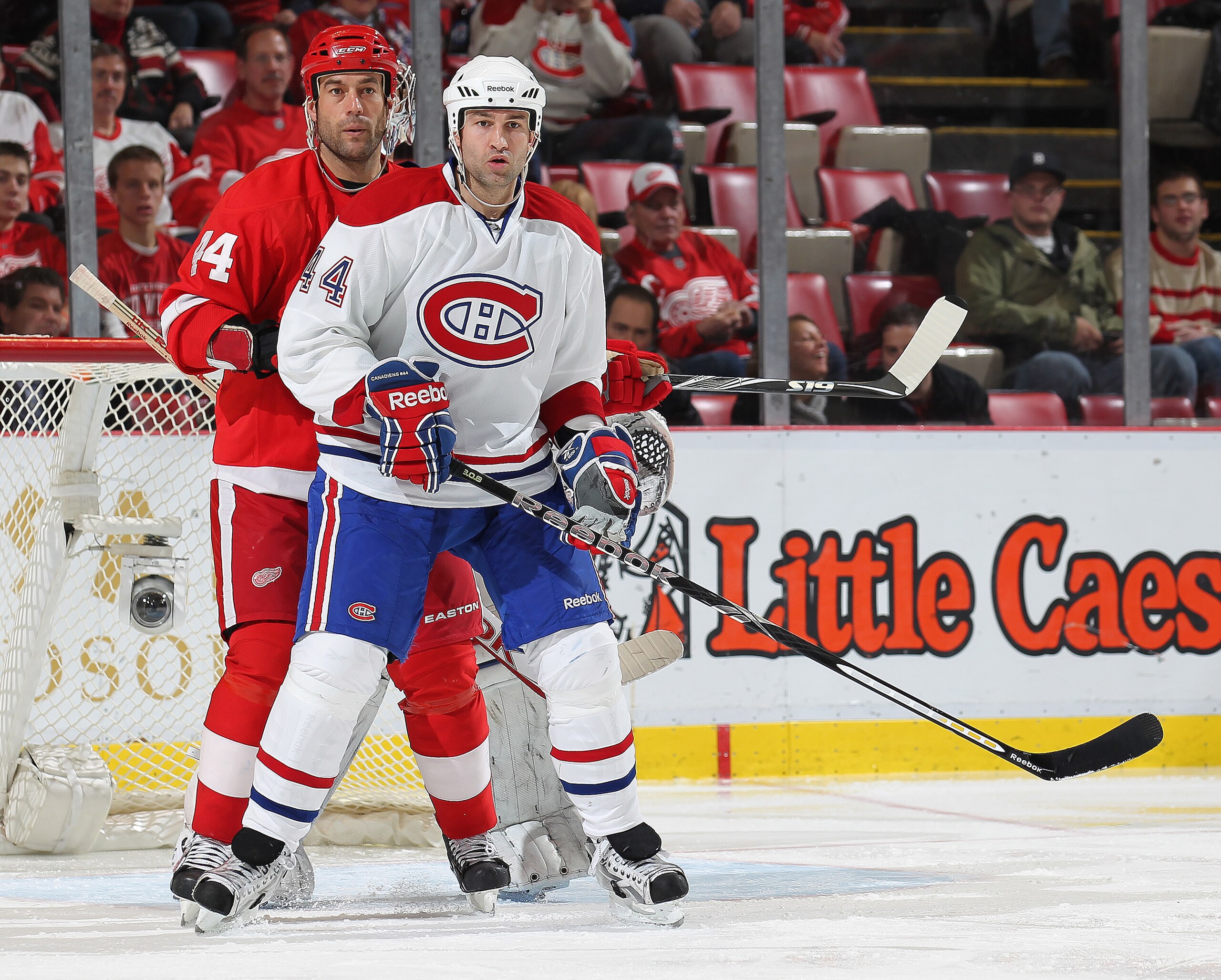 DETROIT,MI - DECEMBER 10:  Roman Hamrlik #44 of the Montreal Canadiens defends against Todd Bertuzzi #44 of the Detroit Red Wings during the game at the Joe Louis Arena on December 10, 2010  in Detroit, Michigan. The Wings defeated the Canadiens 4-2. (Pho