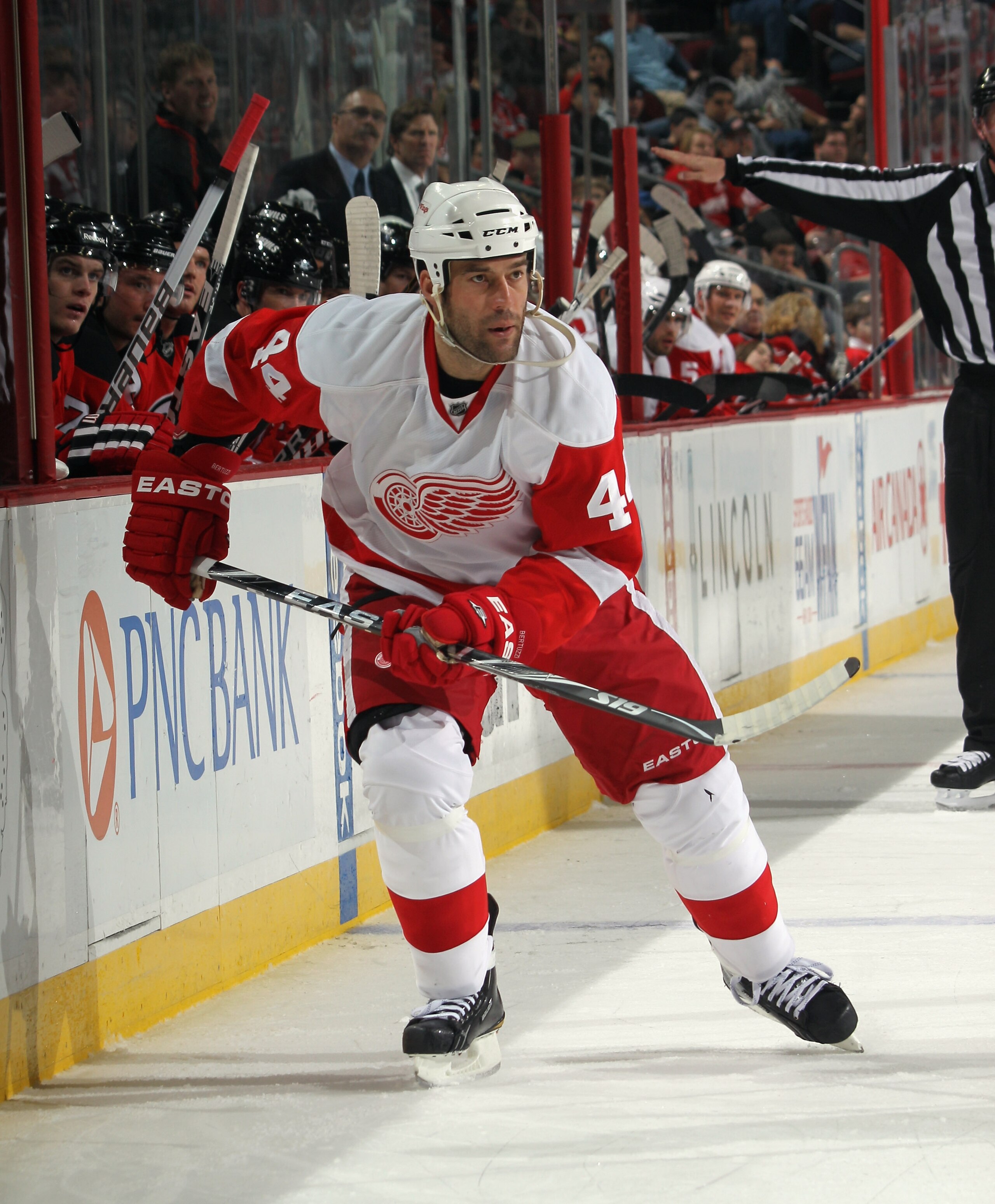 NEWARK, NJ - DECEMBER 11:  Todd Bertuzzi #44 of the Detroit Red Wings skates against the New Jersey Devils at the Prudential Center on December 11, 2010 in Newark, New Jersey. The Red Wings defeated the the Devils 4-1.  (Photo by Bruce Bennett/Getty Image