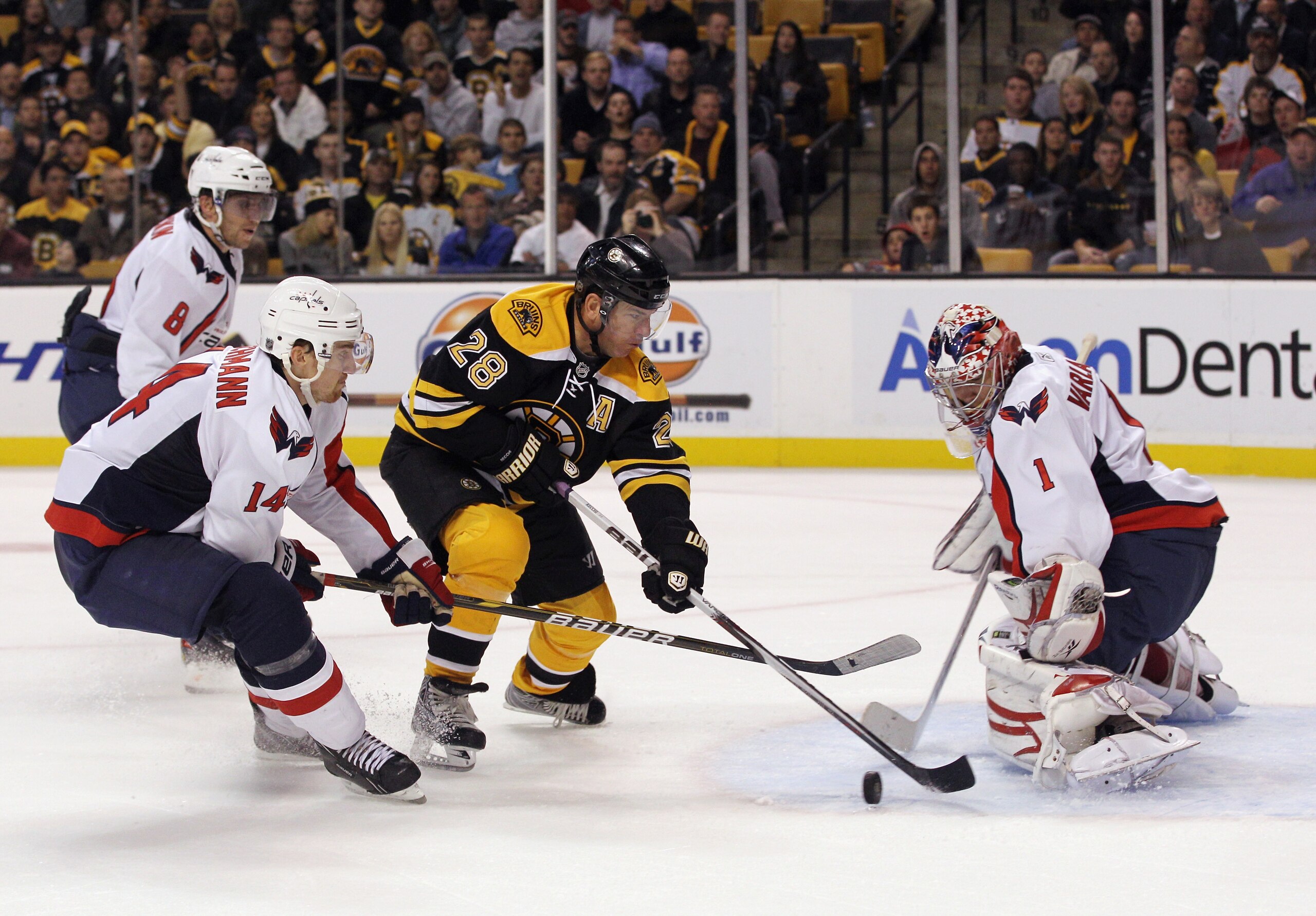 BOSTON - OCTOBER 21: Semyon Varlamov #1 of the Washington Capitals stops a shot by Mark Recchi #28 of the Boston Bruins at the TD Garden on October 21, 2010 in Boston, Massachusetts. The Bruins defeated the Capitals 4-1.  (Photo by Bruce Bennett/Getty Ima