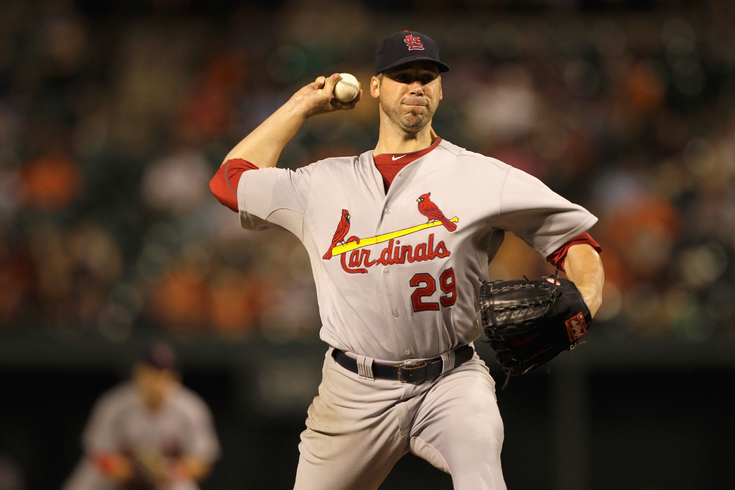 BALTIMORE, MD - JUNE 29: Starting pitcher Chris Carpenter #29 of the St. Louis Cardinals delivers to a Baltimore Orioles batter during the ninth inning at Oriole Park at Camden Yards on June 29, 2011 in Baltimore, Maryland. (Photo by Rob Carr/Getty Imag BALTIMORE, MD - JUNE 29: Starting pitcher Chris Carpenter #29 of the St. Louis Cardinals delivers to a Baltimore Orioles batter during the ninth inning at Oriole Park at Camden Yards on June 29, 2011 in Baltimore, Maryland. (Photo by Rob Carr/Getty Imag