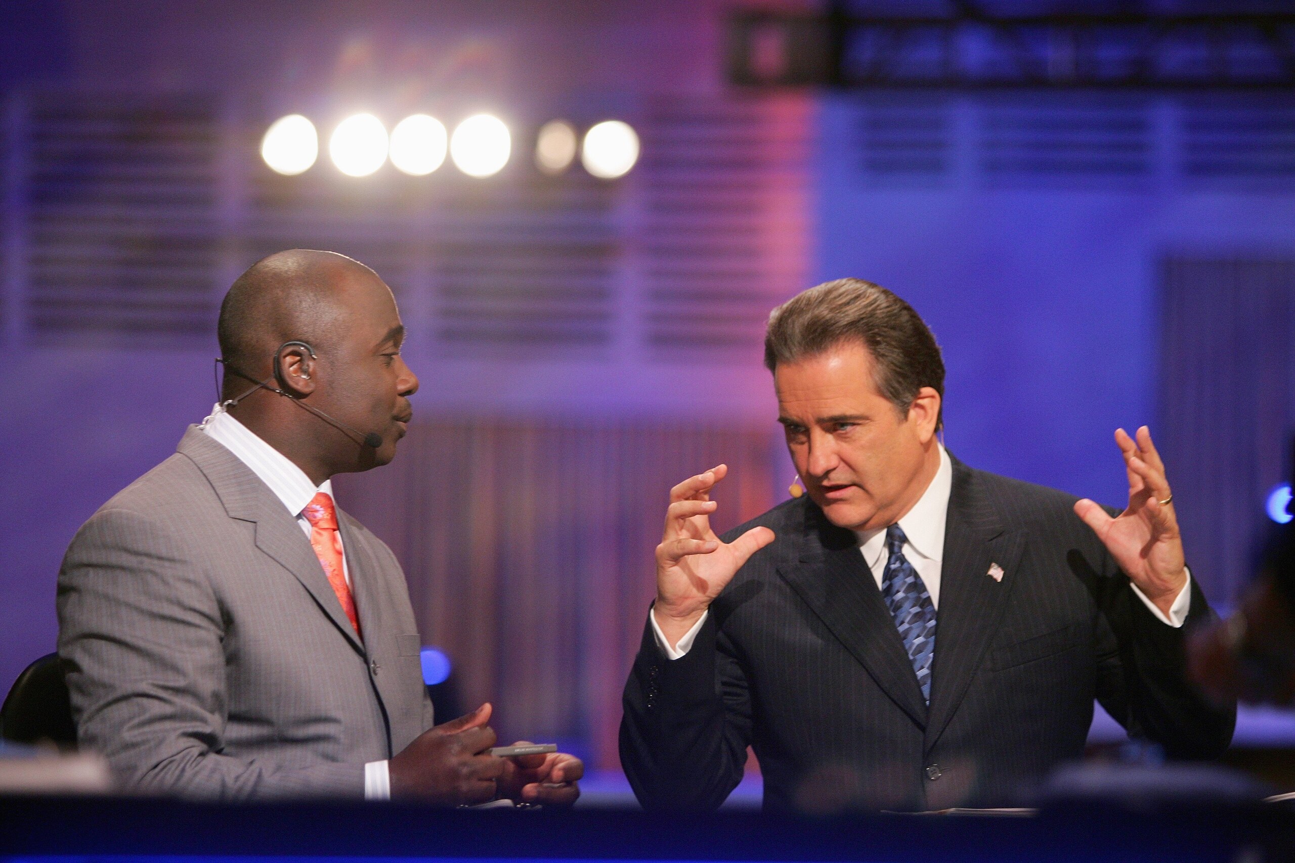 NEW YORK - APRIL 28:  Marshall Faulk and Steve Mariucci broadcast for the NFL Network during the 2007 NFL Draft on April 28, 2007 at Radio City Music Hall in New York, New York. (Photo by Chris McGrath/Getty Images)
