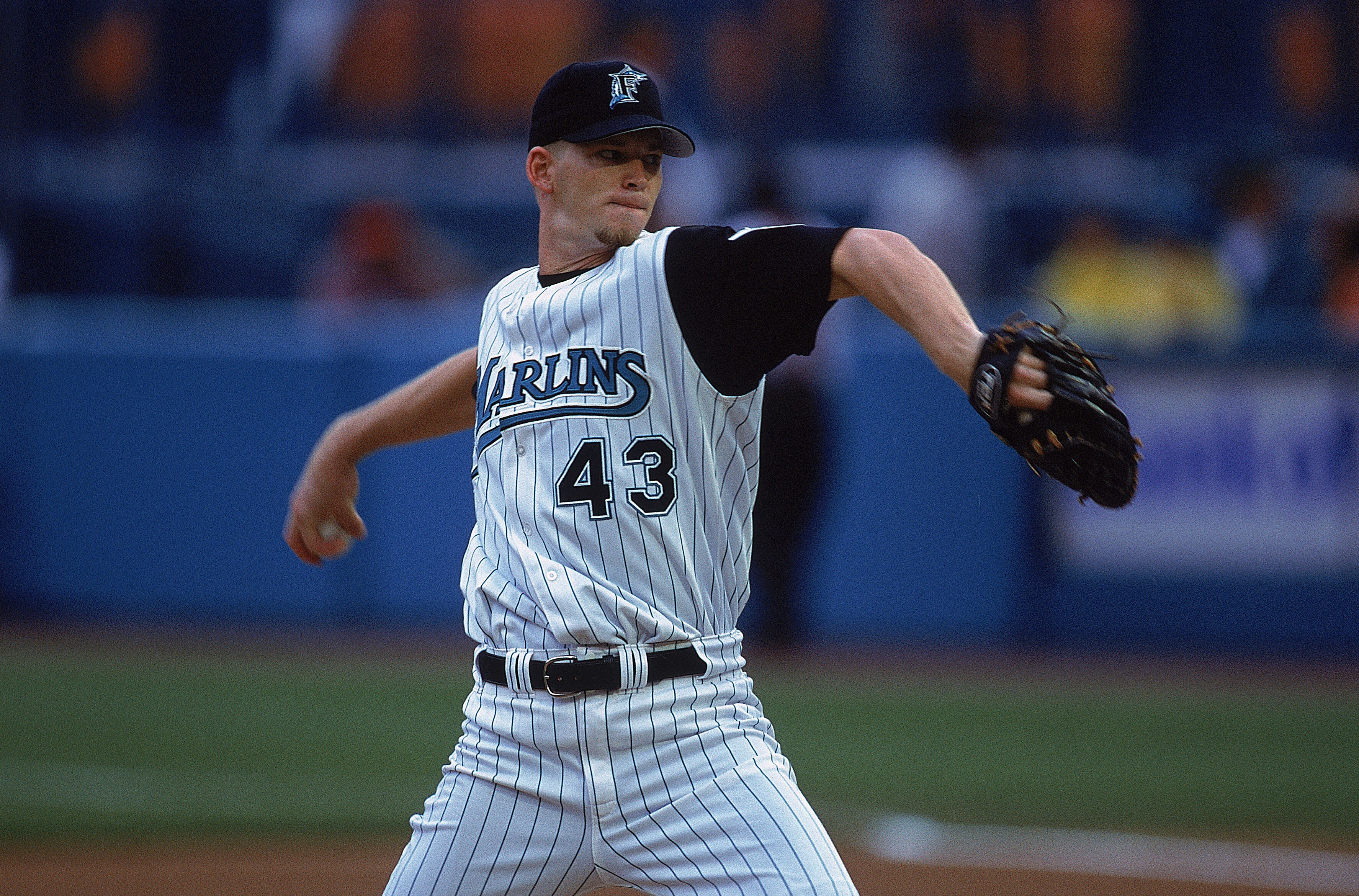 3 Jun 2001:  A.J. Burnett #43 of the Florida Marlins winds up during the game against the New York Mets at the Pro Players Stadium in Miami, Florida.  The Marlins defeated the Mets 1-0.Mandatory Credit: Eliot Schechter  /Allsport