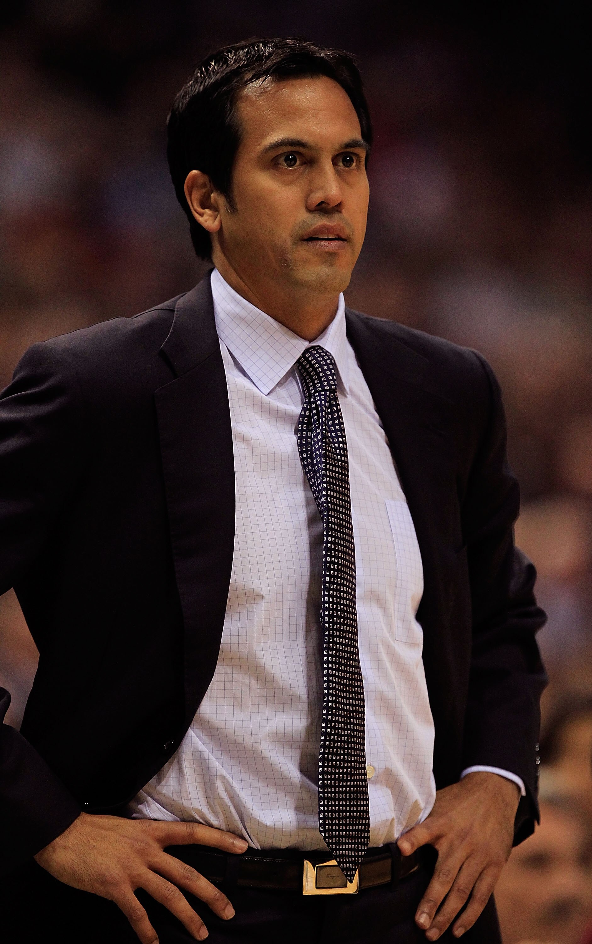 MILWAUKEE, WI - DECEMBER 06: Head coach Erik Spoelstra of the Miami Heat watches as his team takes on the Milwaukee Bucks at the Bradley Center on December 6, 2010 in Milwaukee, Wisconsin. The Heat defeated the Bucks 88-78. NOTE TO USER: User expressly ac