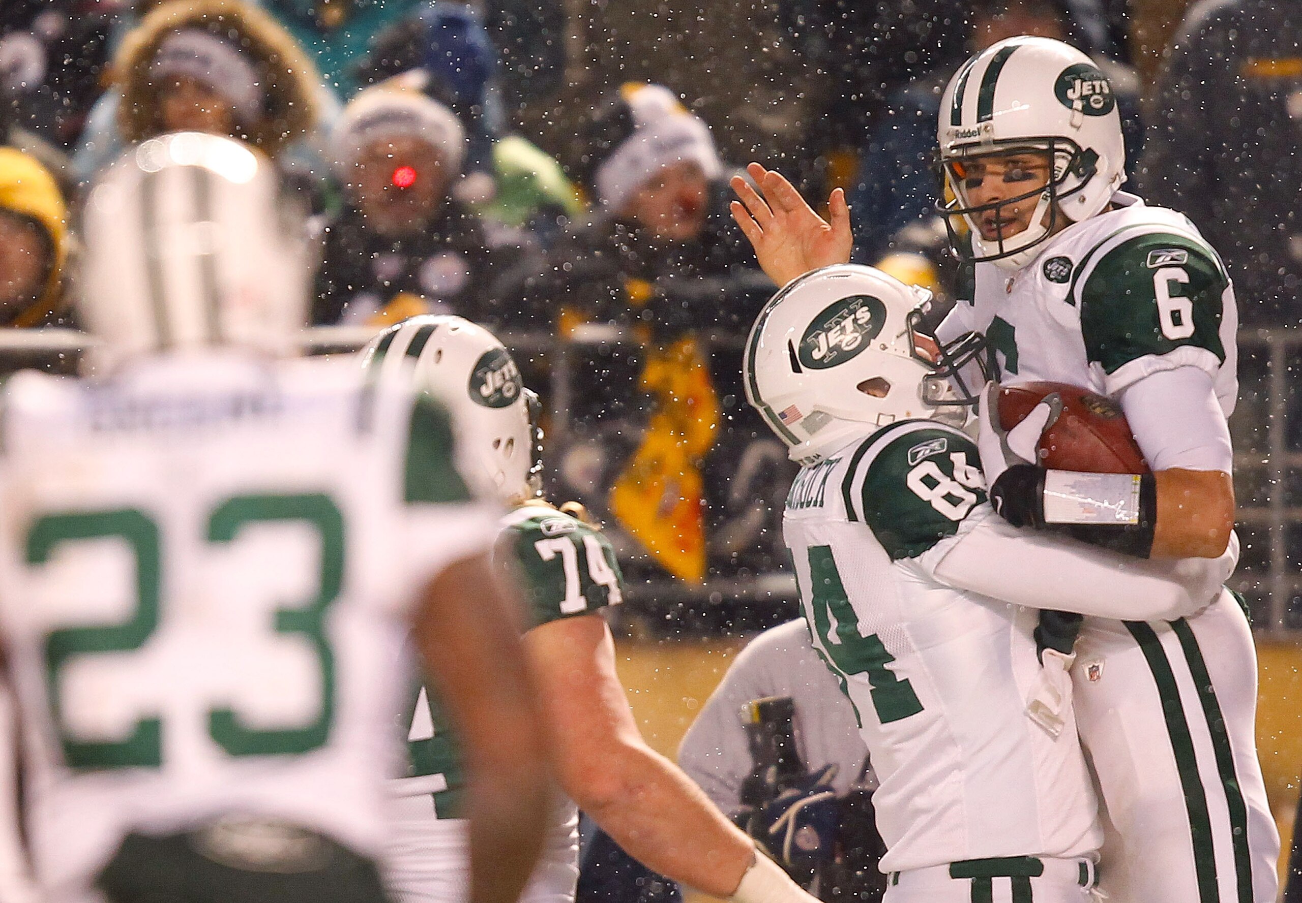 PITTSBURGH - DECEMBER 19:  Mark Sanchez #6 of the New York Jets celebrates with teammate Ben Hartsock #82 after running in for a touchdown against the Pittsburgh Steelers during the game on December 19, 2010 at Heinz Field in Pittsburgh, Pennsylvania.  (P