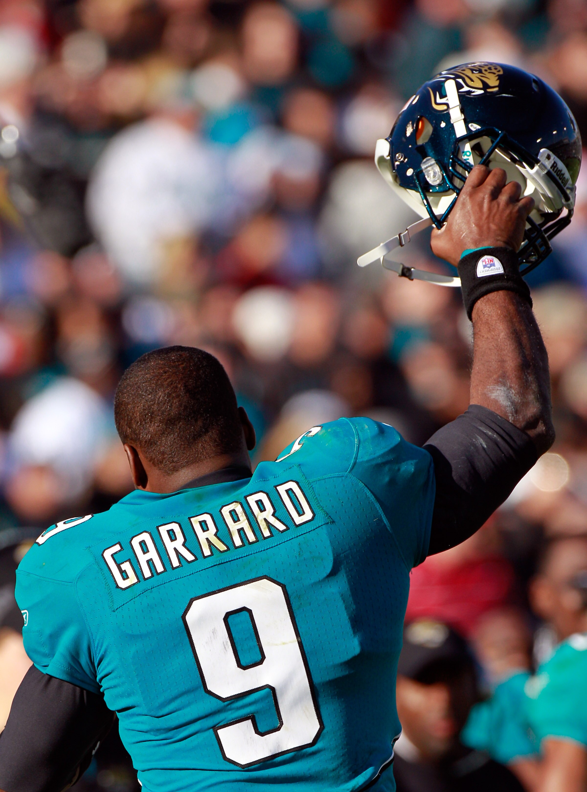 JACKSONVILLE, FL - DECEMBER 12:  Quarterback David Garrard #9 of the Jacksonville Jaguars celebrates following the game against the Oakland Raiders at EverBank Field on December 12, 2010 in Jacksonville, Florida.  (Photo by Sam Greenwood/Getty Images)