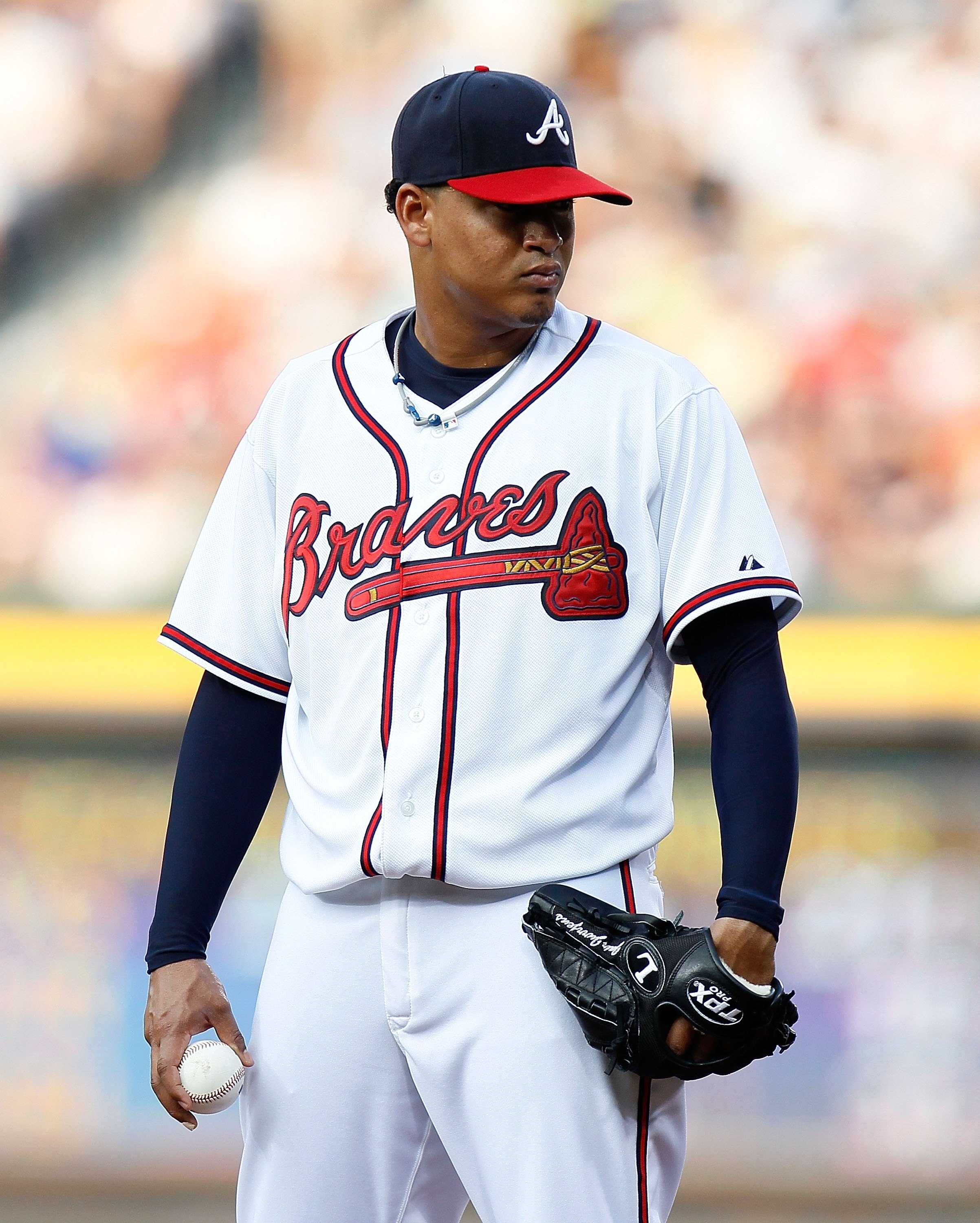 ATLANTA - JULY 15:  Pitcher Jair Jurrjens #49 of the Atlanta Braves against the Milwaukee Brewers at Turner Field on July 15, 2010 in Atlanta, Georgia.  (Photo by Kevin C. Cox/Getty Images)