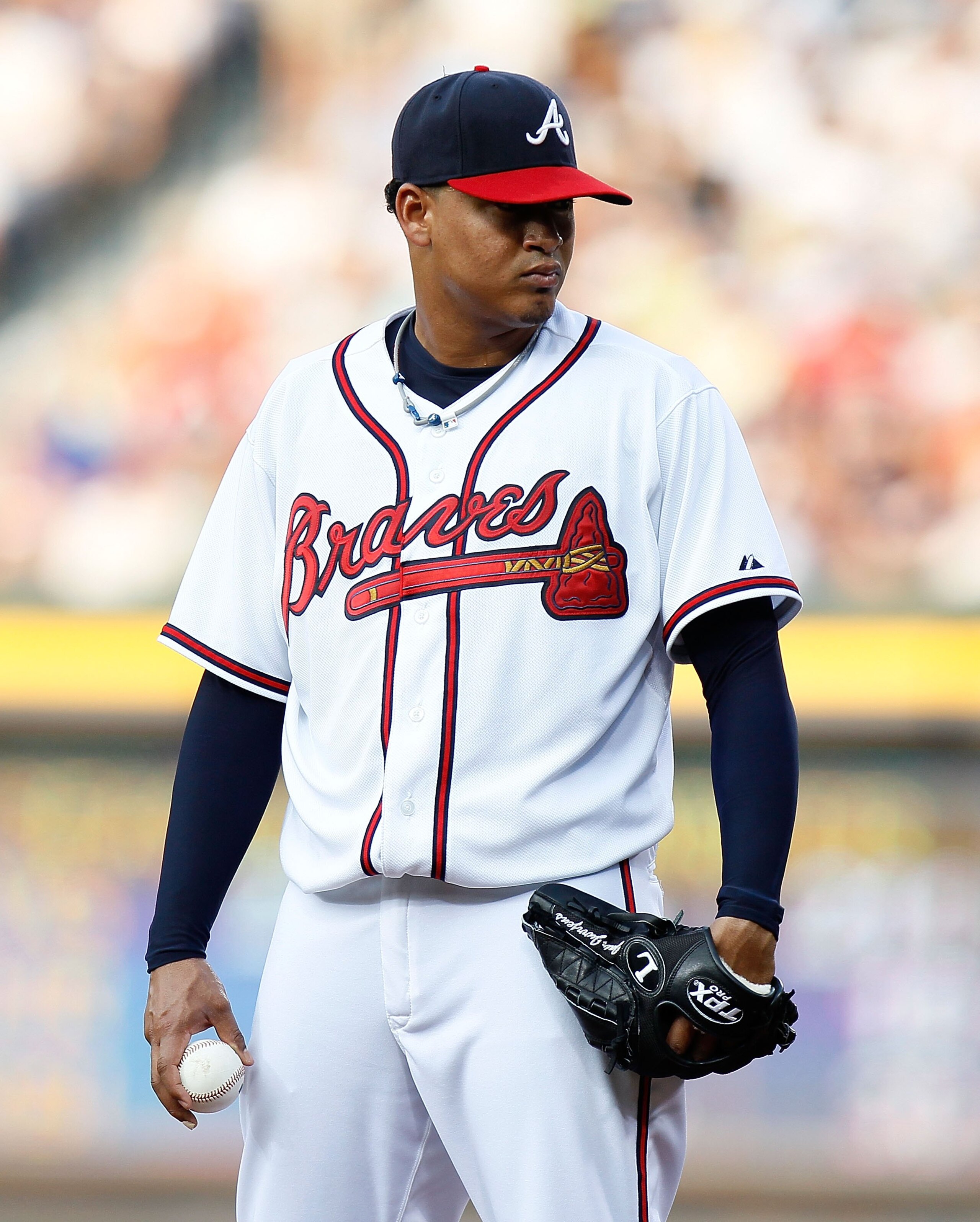 ATLANTA - JULY 15:  Pitcher Jair Jurrjens #49 of the Atlanta Braves against the Milwaukee Brewers at Turner Field on July 15, 2010 in Atlanta, Georgia.  (Photo by Kevin C. Cox/Getty Images)