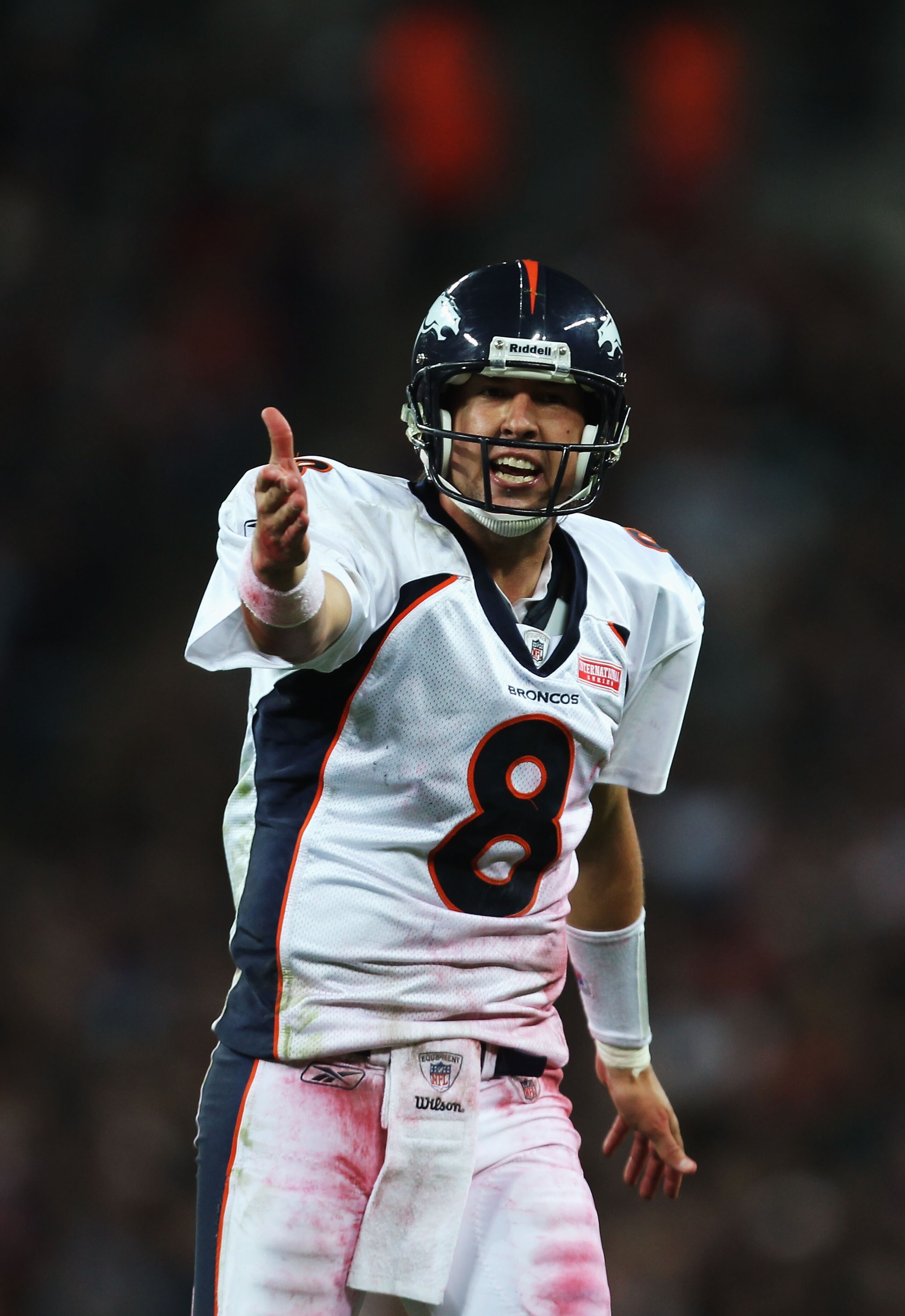 LONDON, ENGLAND - OCTOBER 31:  Kyle Orton #8 of Denver Broncos gives instructions during the NFL International Series match between Denver Broncos and San Francisco 49ers at Wembley Stadium on October 31, 2010 in London, England. This is the fourth occasi