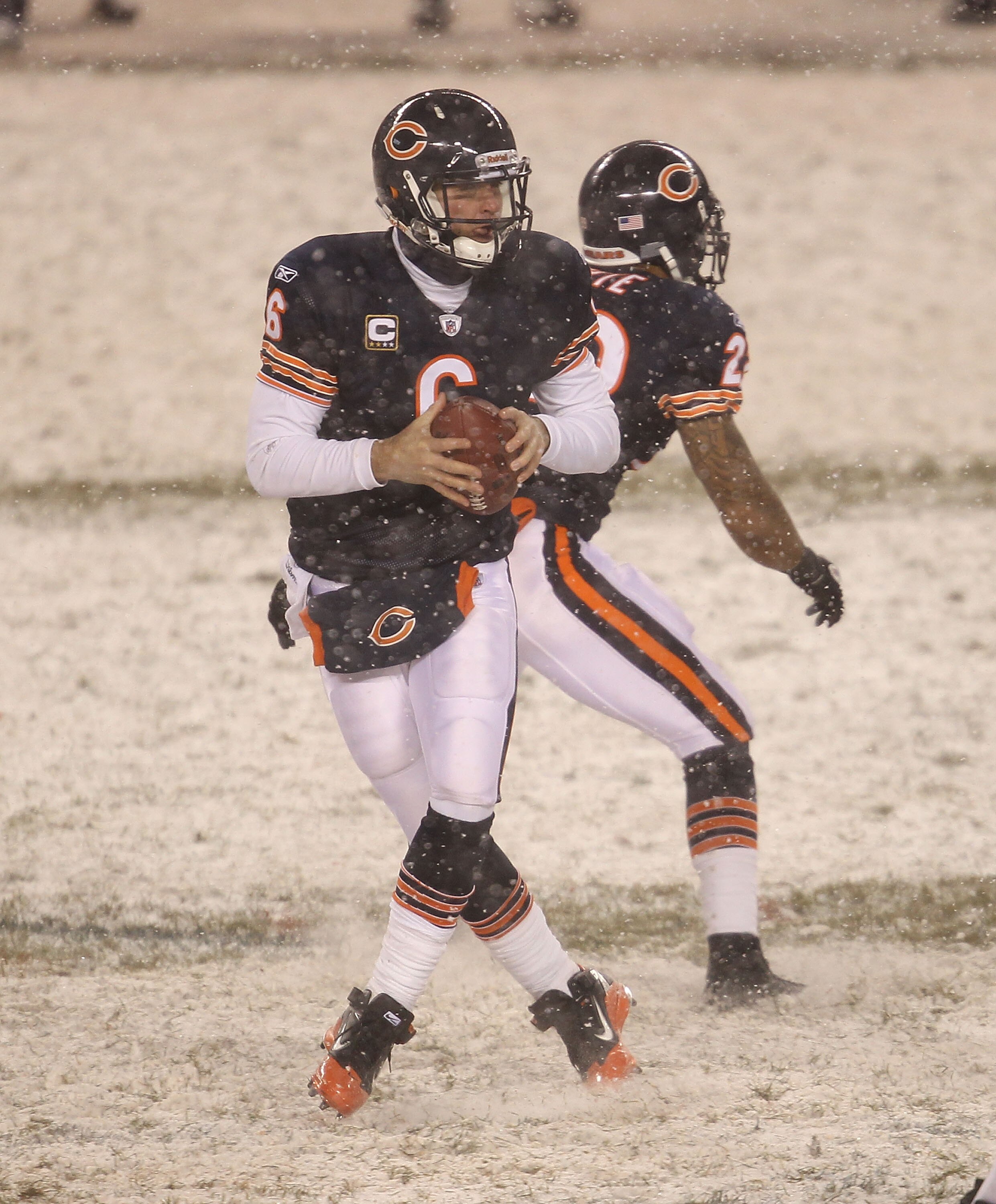 CHICAGO - DECEMBER 12: Jay Cutler #6 of the Chicago Bears drops back to pass against the New England Patriots at Soldier Field on December 12, 2010 in Chicago, Illinois. The Patriots defeated the Bears 36-7. (Photo by Jonathan Daniel/Getty Images)