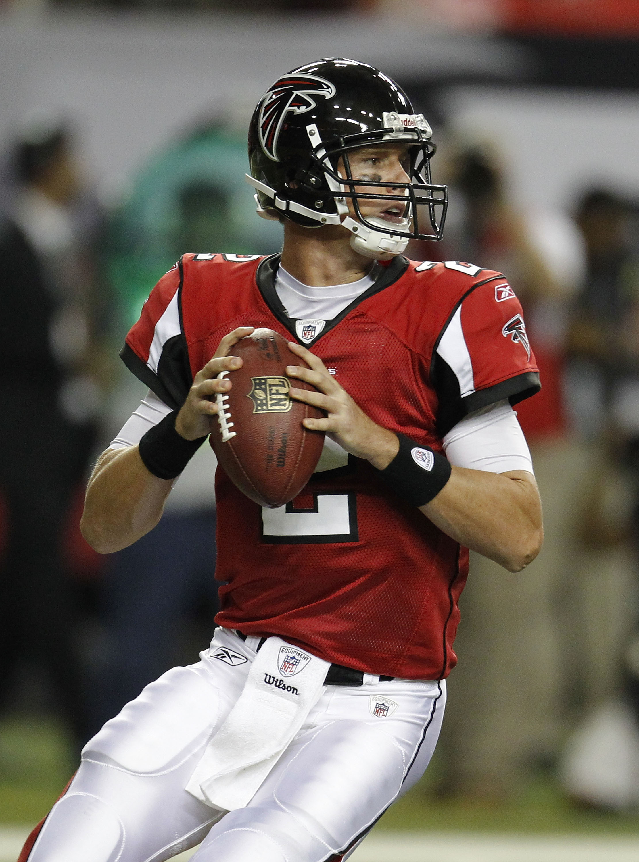 ATLANTA - AUGUST 19:  Quarterback Matt Ryan #2 of the Atlanta Falcons drops back to pass during the preseason game against the New England Patriots at the Georgia Dome on August 19, 2010 in Atlanta, Georgia.  The Patriots beat the Falcons 28-10.  (Photo b