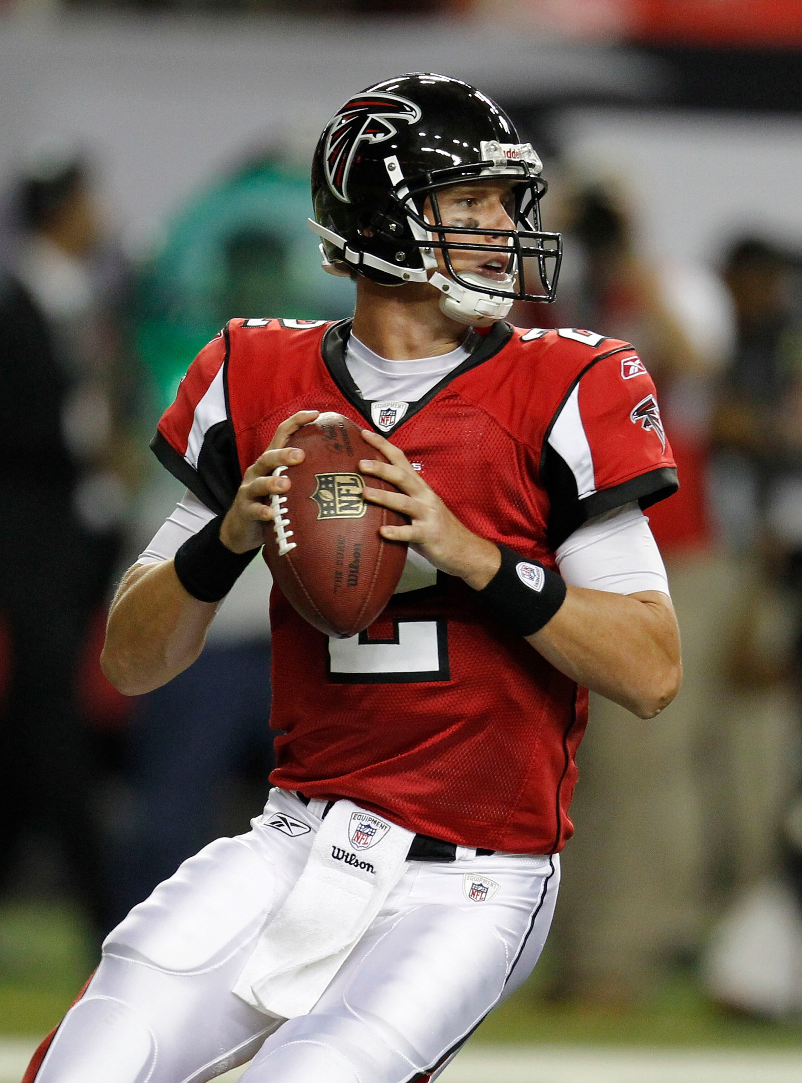 ATLANTA - AUGUST 19: Quarterback Matt Ryan #2 of the Atlanta Falcons drops back to pass during the preseason game against the New England Patriots at the Georgia Dome on August 19, 2010 in Atlanta, Georgia. The Patriots beat the Falcons 28-10. (Photo b ATLANTA - AUGUST 19: Quarterback Matt Ryan #2 of the Atlanta Falcons drops back to pass during the preseason game against the New England Patriots at the Georgia Dome on August 19, 2010 in Atlanta, Georgia. The Patriots beat the Falcons 28-10. (Photo b