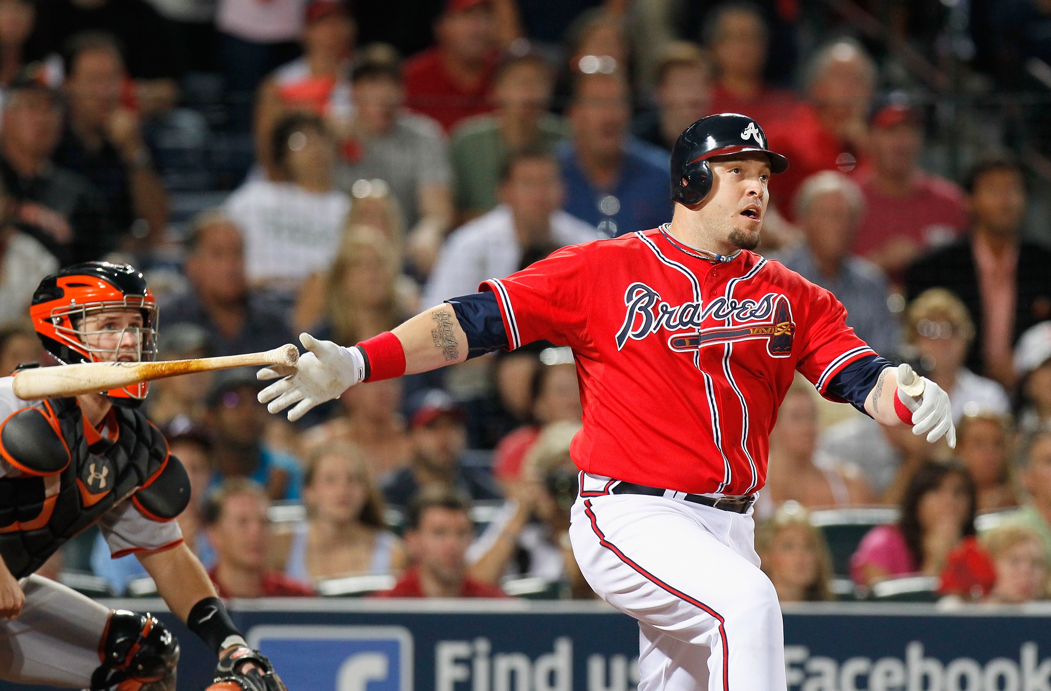 ATLANTA - OCTOBER 10:  Eric Hinske #20 of the Atlanta Braves against the San Francisco Giants during Game Three of the NLDS of the 2010 MLB Playoffs at Turner Field on October 10, 2010 in Atlanta, Georgia.  (Photo by Kevin C. Cox/Getty Images)