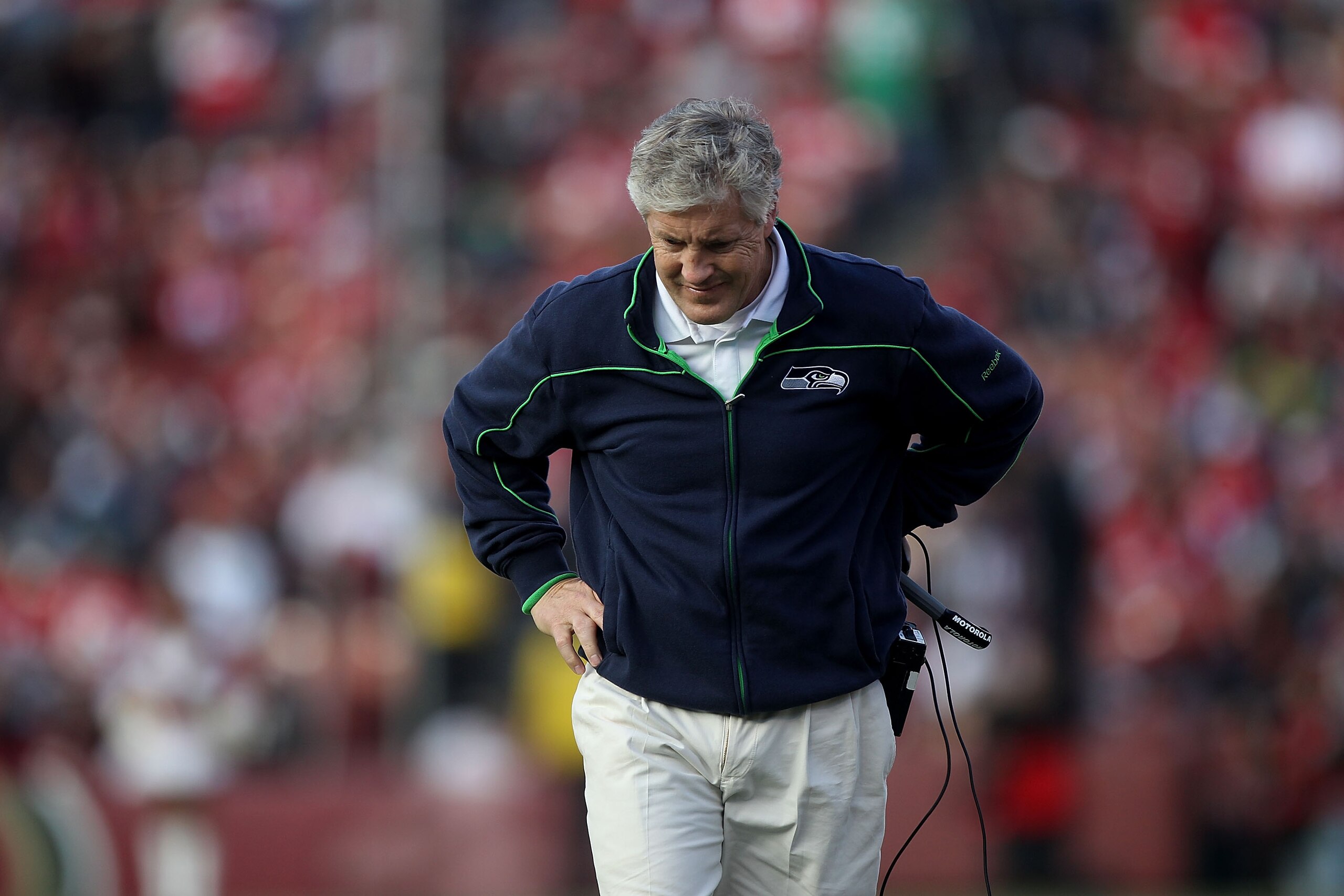 SAN FRANCISCO - DECEMBER 12:    Pete Carroll of the Seattle Seahawks looks on against the San Francisco 49ers during an NFL game at Candlestick Park on December 12, 2010 in San Francisco, California.  (Photo by Jed Jacobsohn/Getty Images)