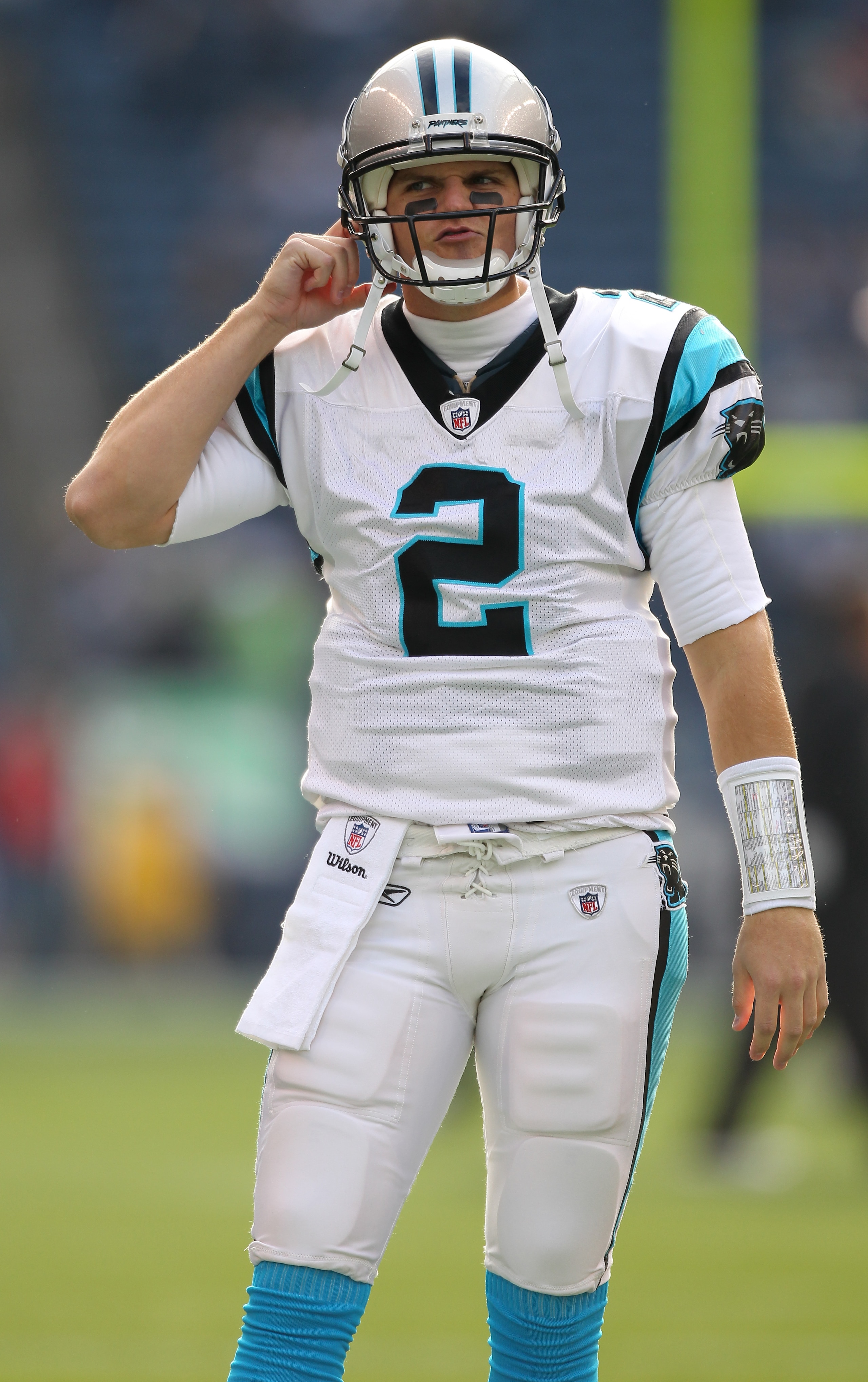 SEATTLE - DECEMBER 05:  Quarterback Jimmy Clausen #2 of the Carolina Panthers passes during warmups prior to the game against the Seattle Seahawks at Qwest Field on December 5, 2010 in Seattle, Washington. The Seahawks won, 31-14. (Photo by Otto Greule Jr