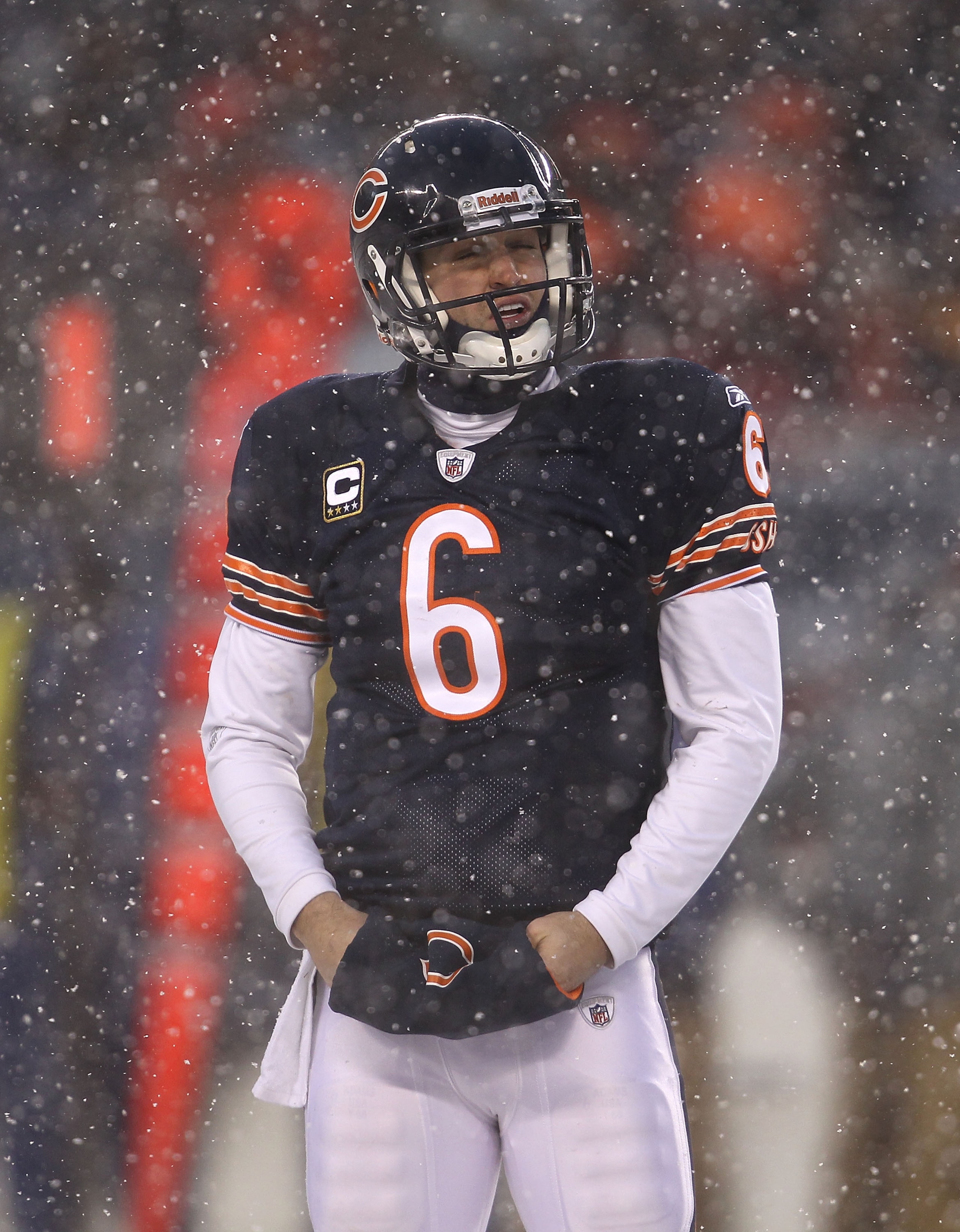CHICAGO, IL - DECEMBER 12: Jay Cutler #6 of the Chicago Bears reacts after a player from the New England Patriots runs a fumbled ball into the end zone for a touchdown at Soldier Field on December 12, 2010 in Chicago, Illinois. The Patriots defeated the B