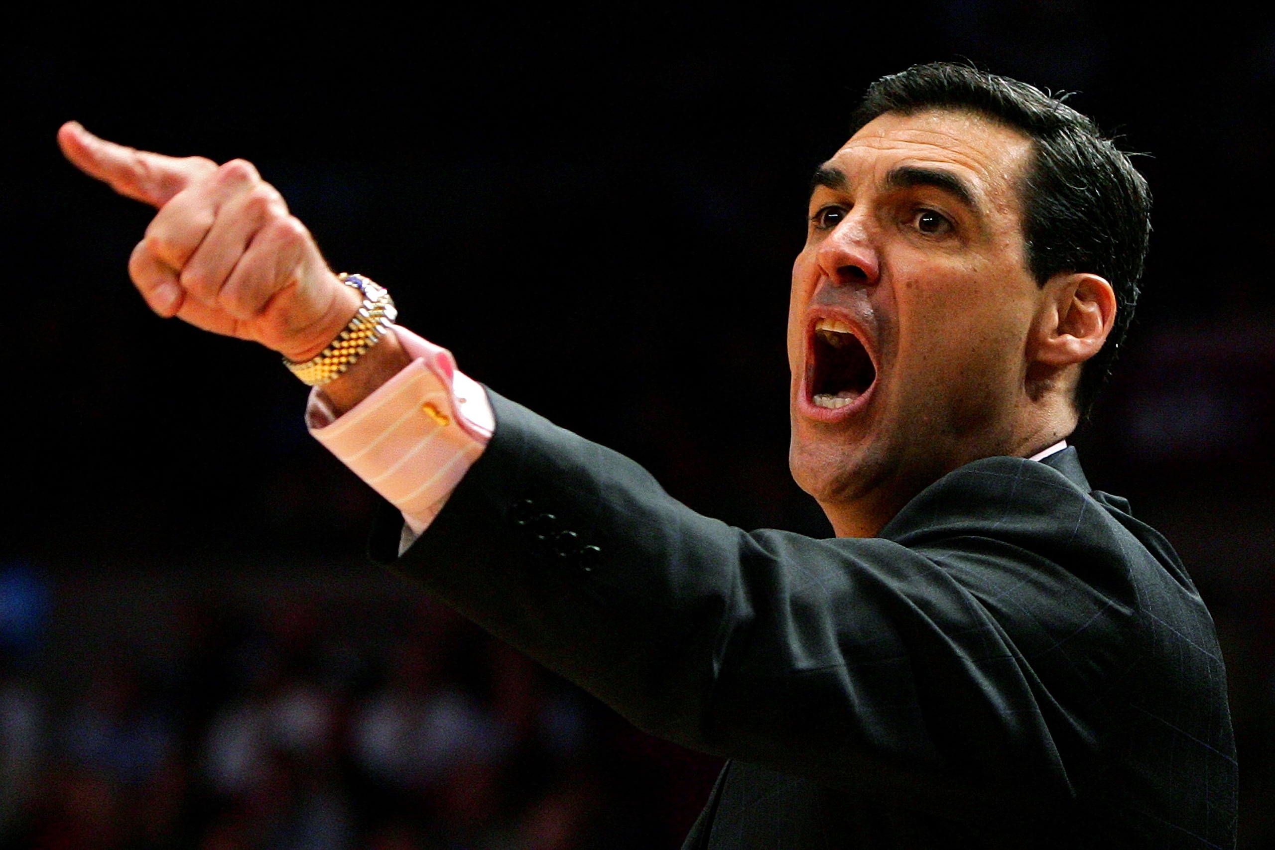 NEW YORK - MARCH 13:  Head coach Jay Wright  of the Villanova Wildcats gestures from the sidelines during a game against the Georgetown Hoyas during day two of the 2008 Big East Men's Basketball Championship at Madison Square Garden on March 13, 2008 in N